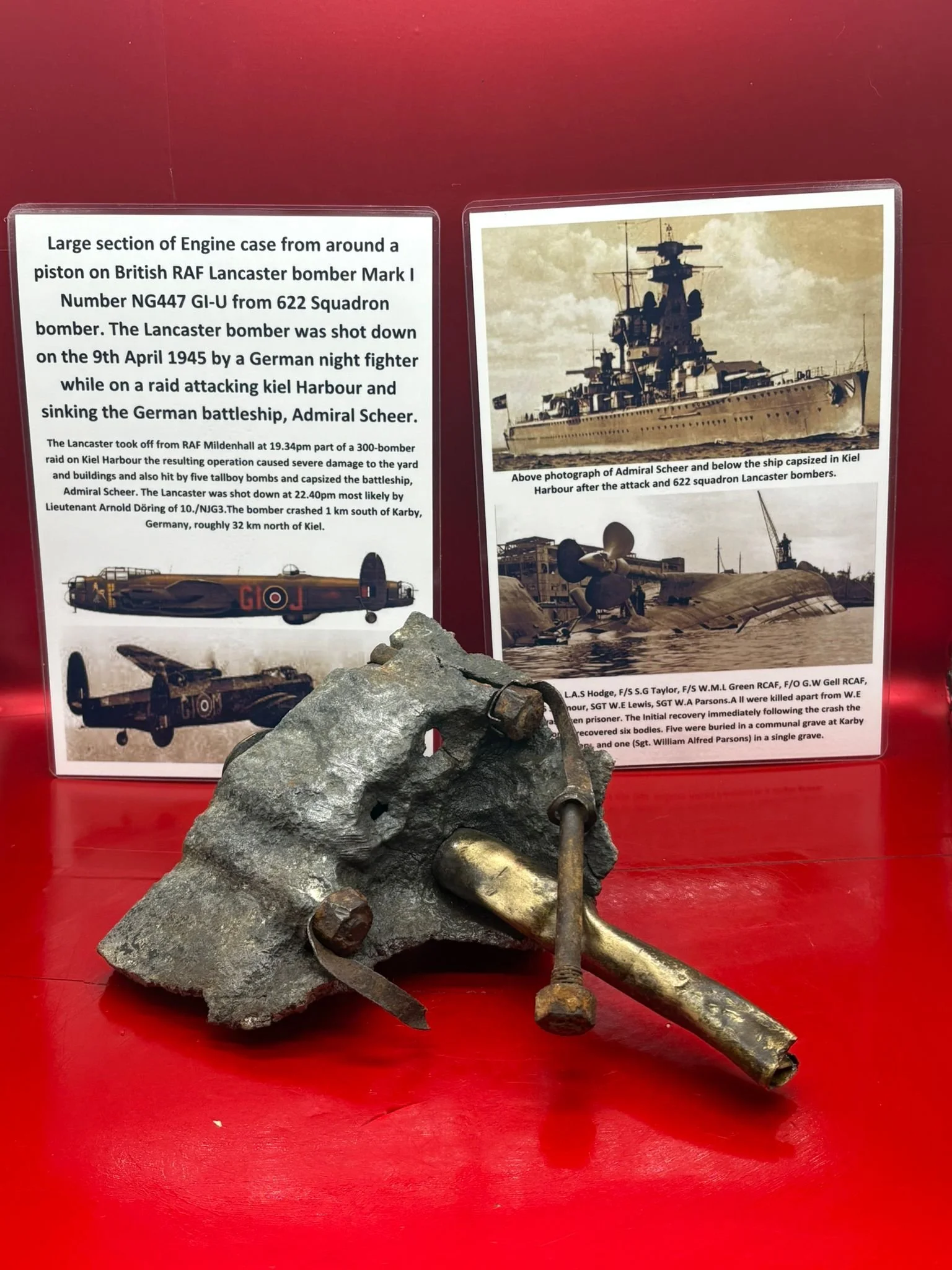 Large section of Engine case from around a piston British RAF Lancaster Mark I Number NG447 GI-U from number 622 Squadron,shot down on 9th April 1945, attacking battleship Admiral Scheer