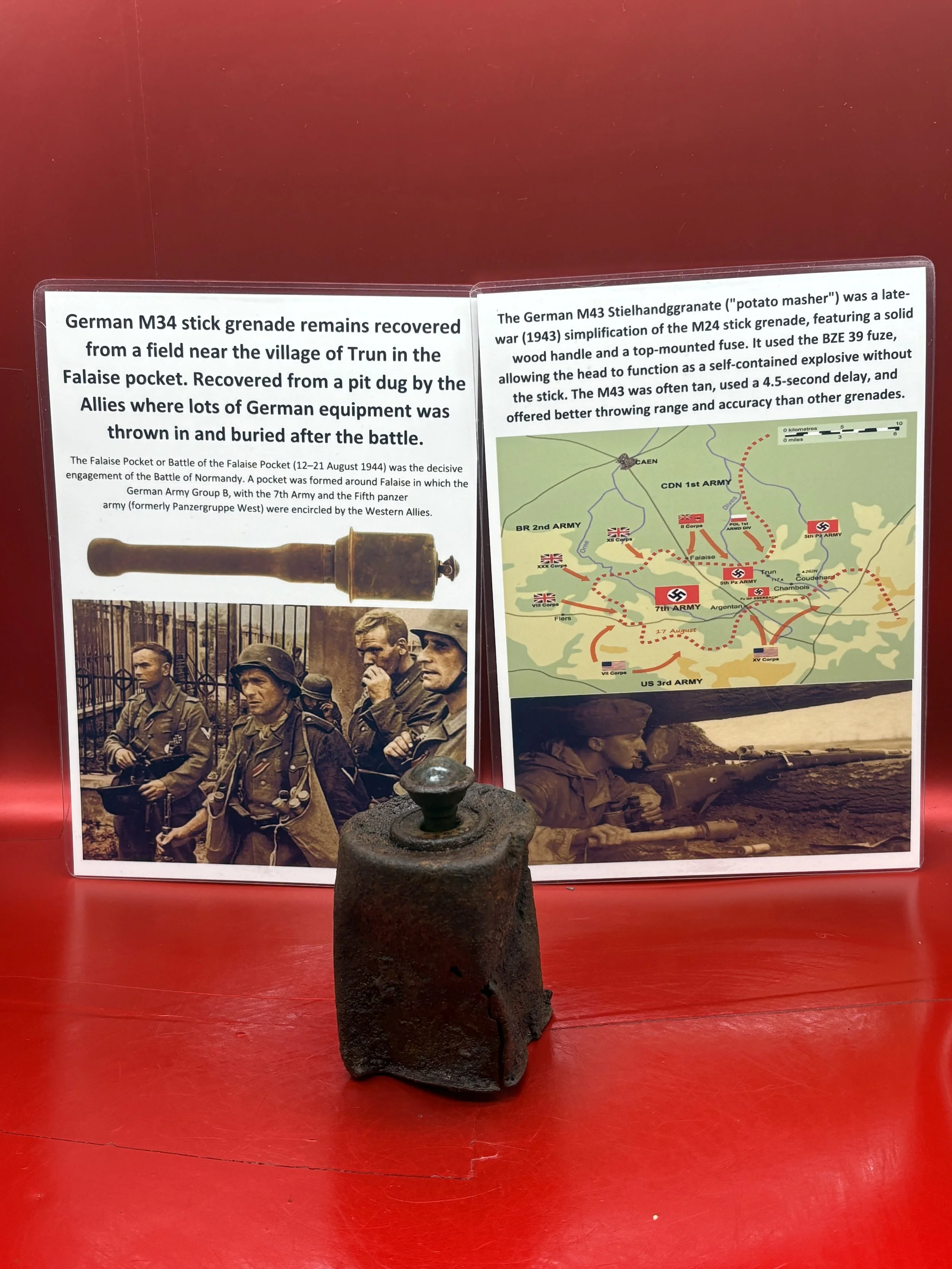 German M43 stick grenade remains with rare fuse in place and original green paintwork nice relic condition ,that was recovered in the Falaise Pocket the battlefield of Normandy 1944