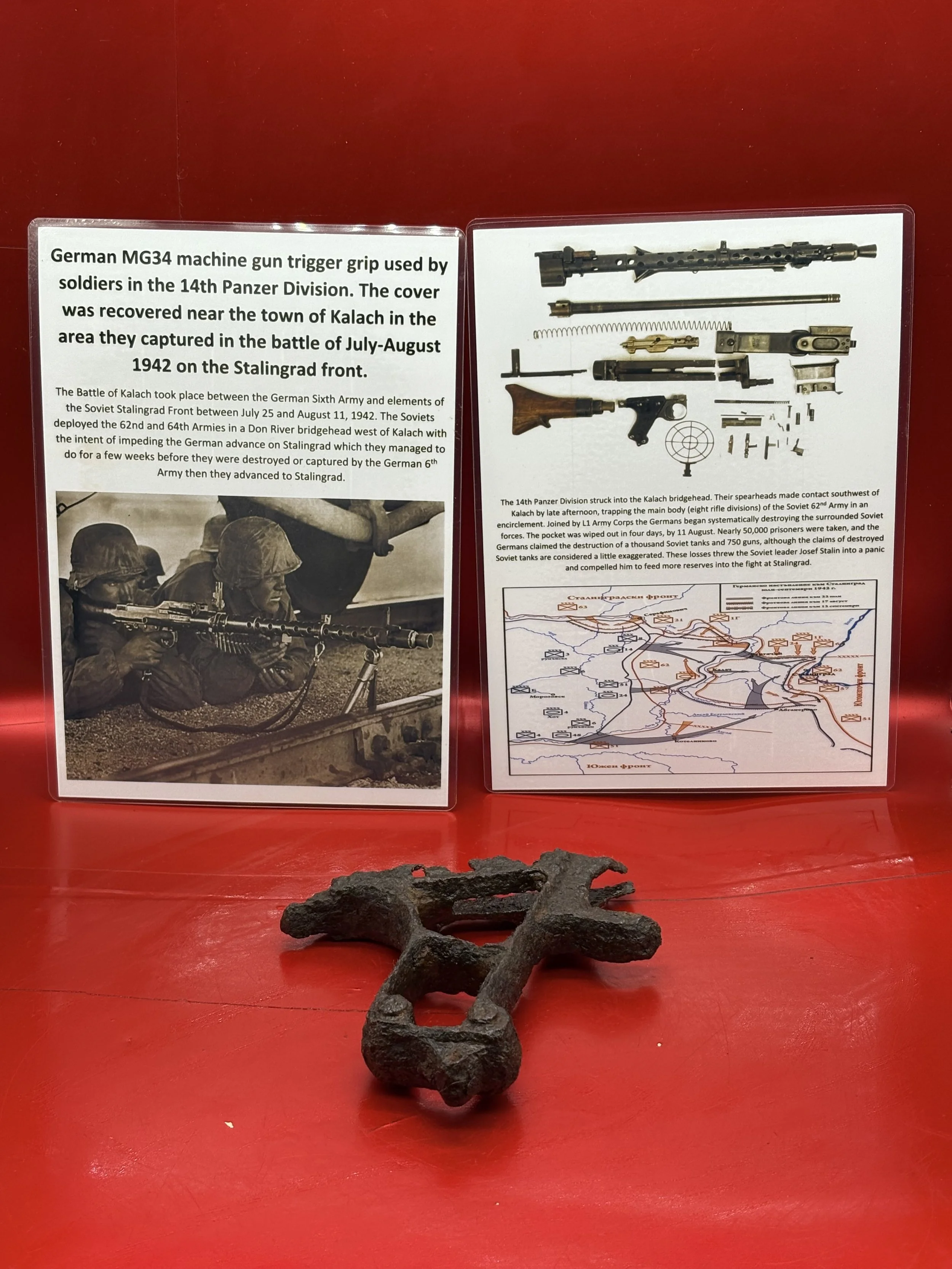 German MG 34 machine gun trigger grip,battle damaged used by the 14th Panzer Division recovered near the town of Kalach on the Stalingrad front 1942 in Russia