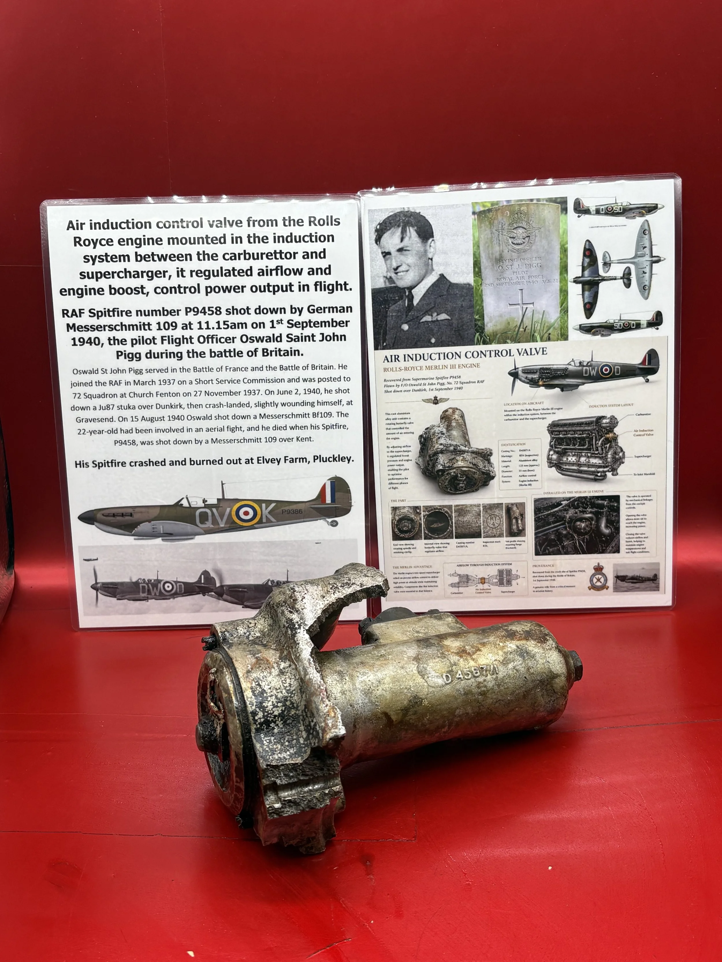 Rare air induction control valve from the Rolls Royce engine mounted between the carburettor and superchargerfrom RAF Spitfire number P9458, shot down,on 1st September 1940,Battle of Britain