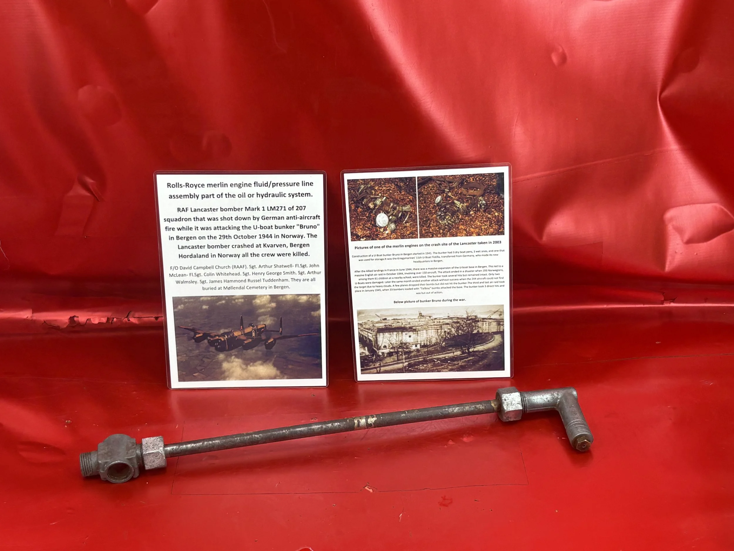 Rolls-Royce merlin engine fluid/pressure line assembly part of the oil or hydraulic system from RAF Lancaster LM271 shot down 29 October 1944 attack on Uboat base Bruno in Norway
