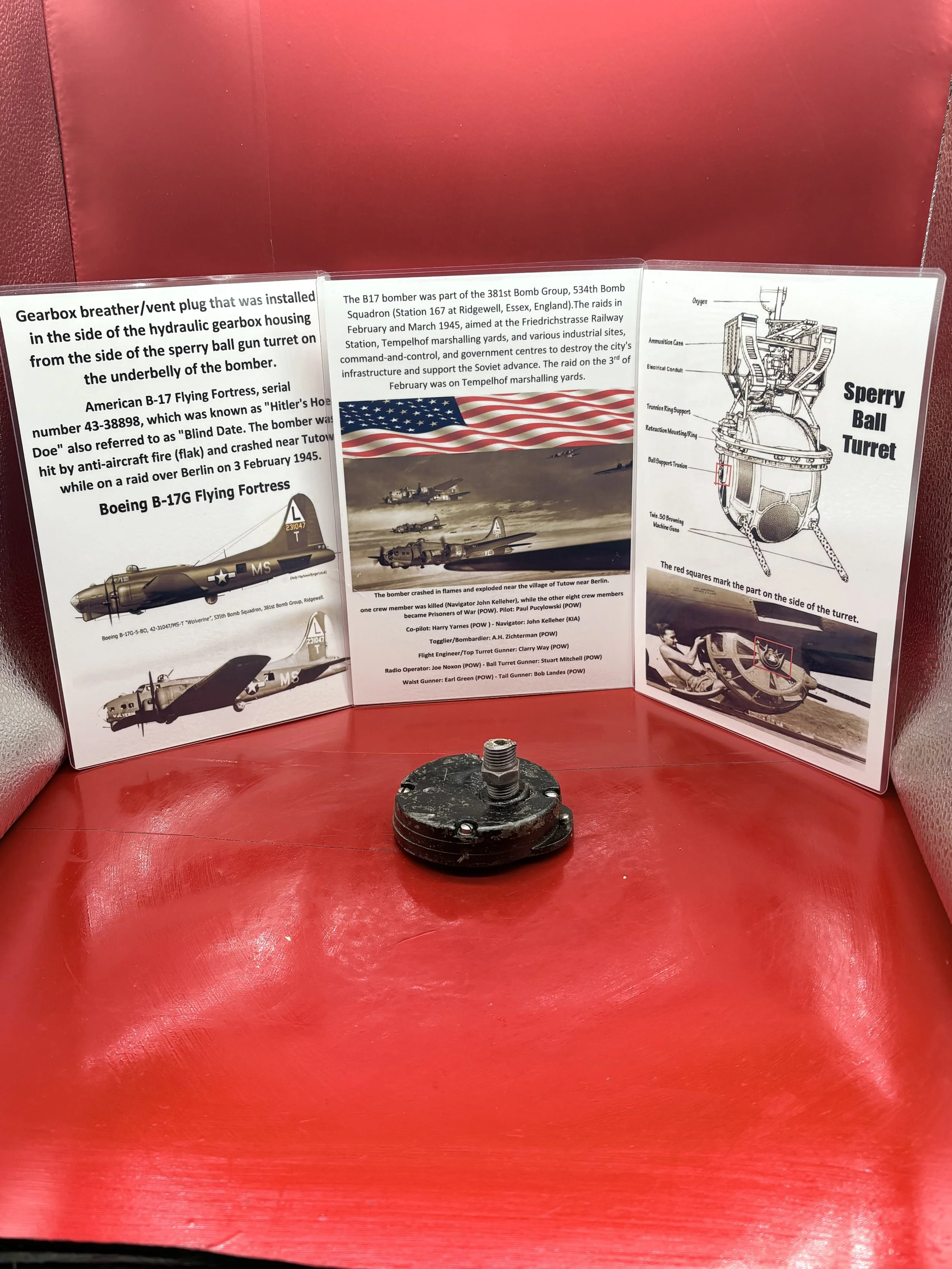 Rare gearbox breather/vent plug from side in hydraulic gearbox housing on sperry ball gun turret,American B-17 bomber number 43-38898 named Hitler's Hoe do, crashed Tutow near Berlin 3 February 1945