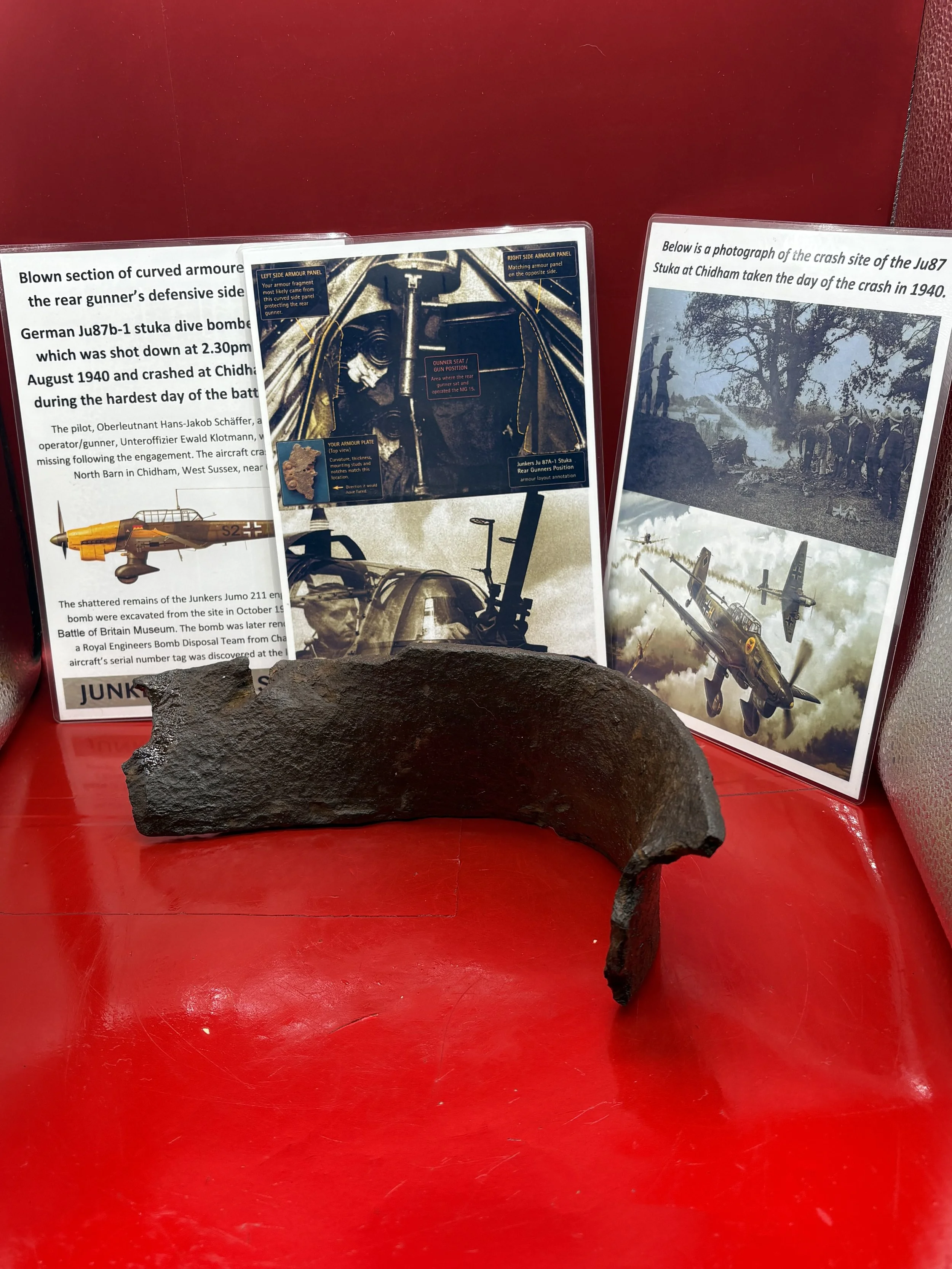 Rare section of curved armoured plate from the rear gunner’s defensive side protection. German Ju87b-1 stuka dive bomber of 3/STG77,shot down on 18th August 1940 and crashed Chidham in Sussex