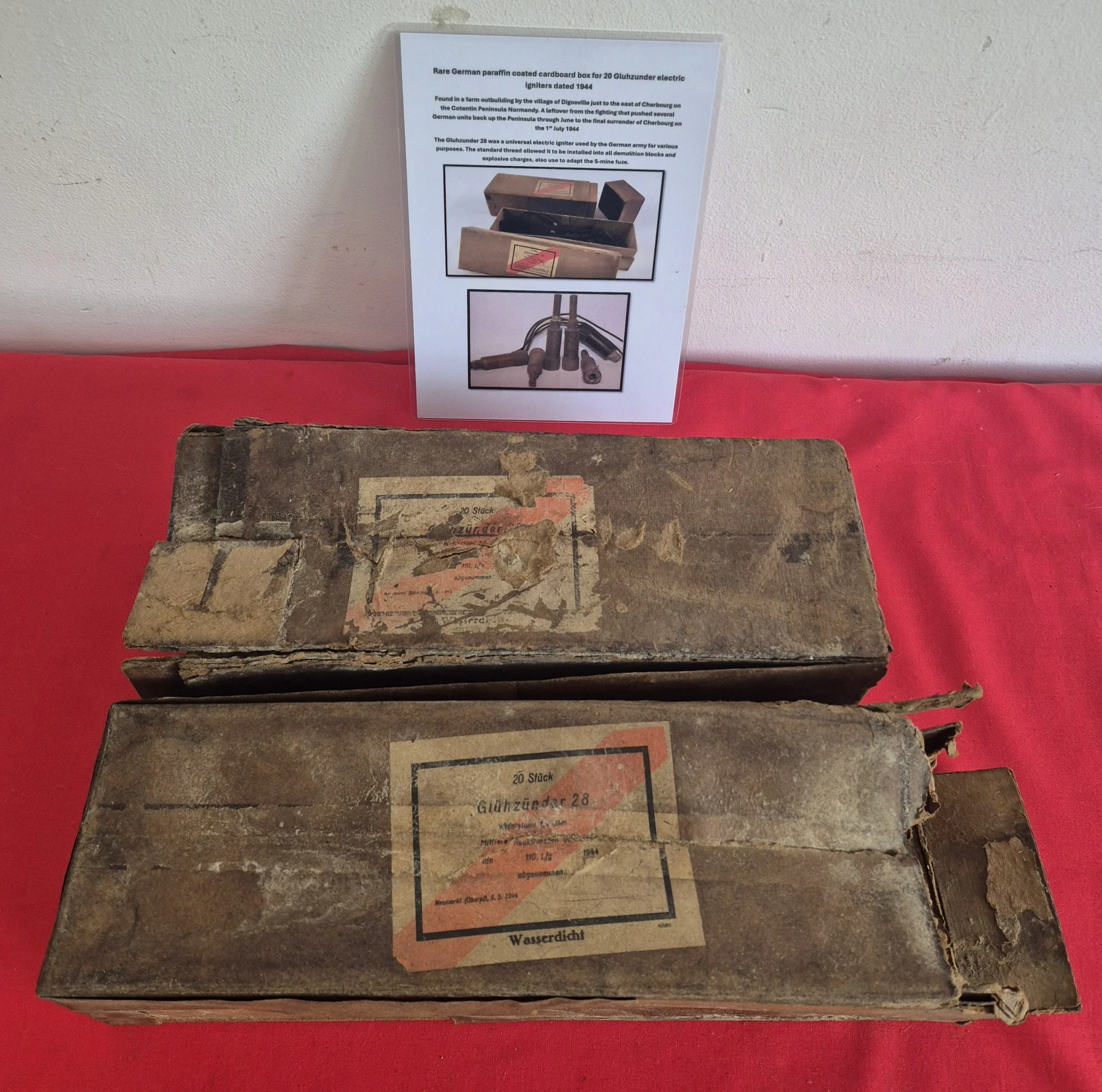 Rare German paraffin coated cardboard box for 20 Gluhzunder electric igniters dated 1944 - recovered near Cherbourg, Normandy peninsula.