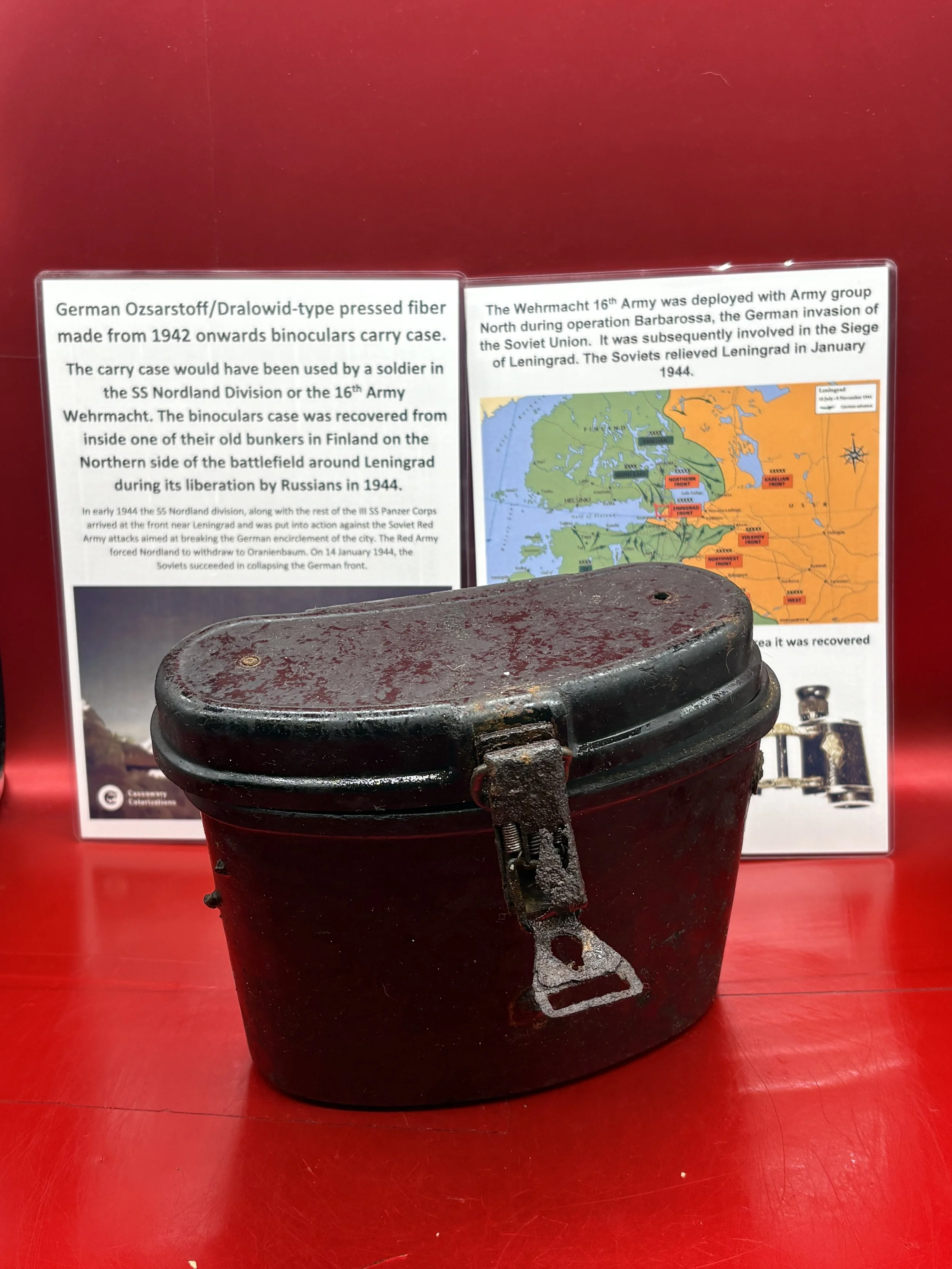 German Ozsarstoff/Dralowid-type pressed fiber made binoculars carry case used by a soldier in the SS Nordland Division or the 16th Army Wehrmacht,recovered inside bunker around Leningrad 1944 Finland