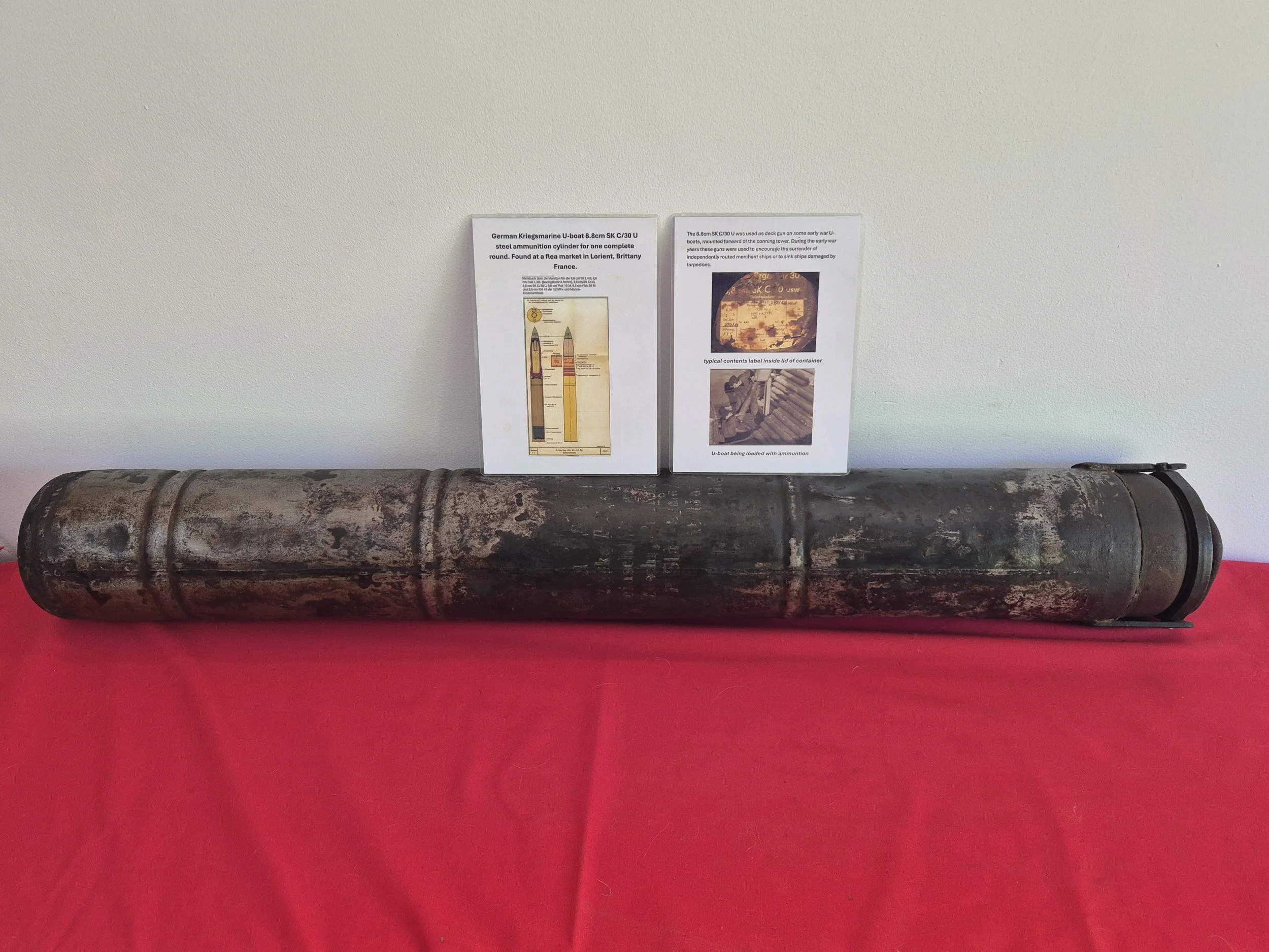 German Kriegsmarine U-boat 8.8cm SK C/30 steel ammunition cylinder for one complete round. Found at a flea market in Lorient, Brittany France.