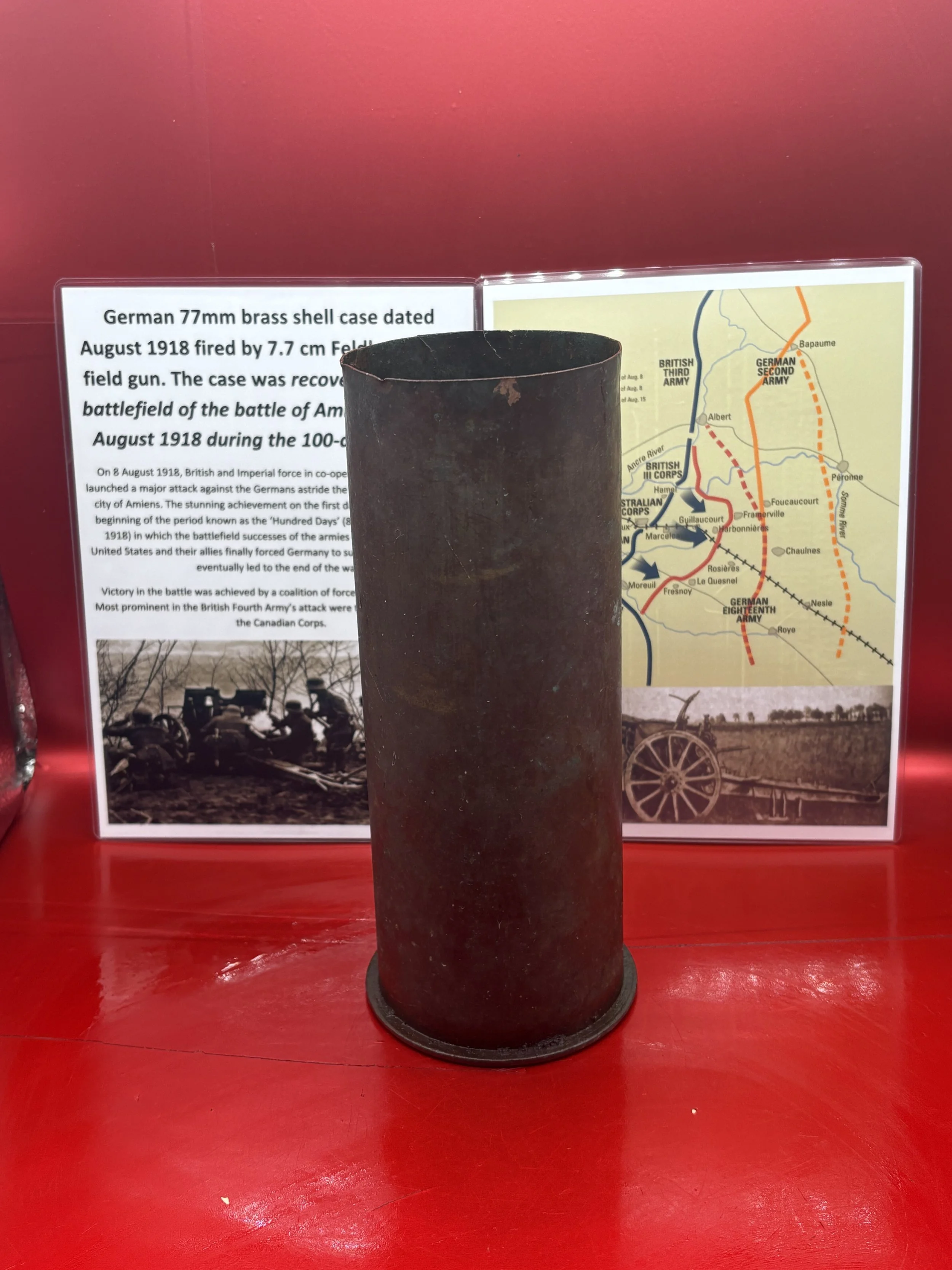 German 77mm brass shell case dated August 1918,lovely condition relic fired by 7.7 cm Feldkanone 16 field gun recovered from the battlefield of the battle of Amiens fought in August 1918