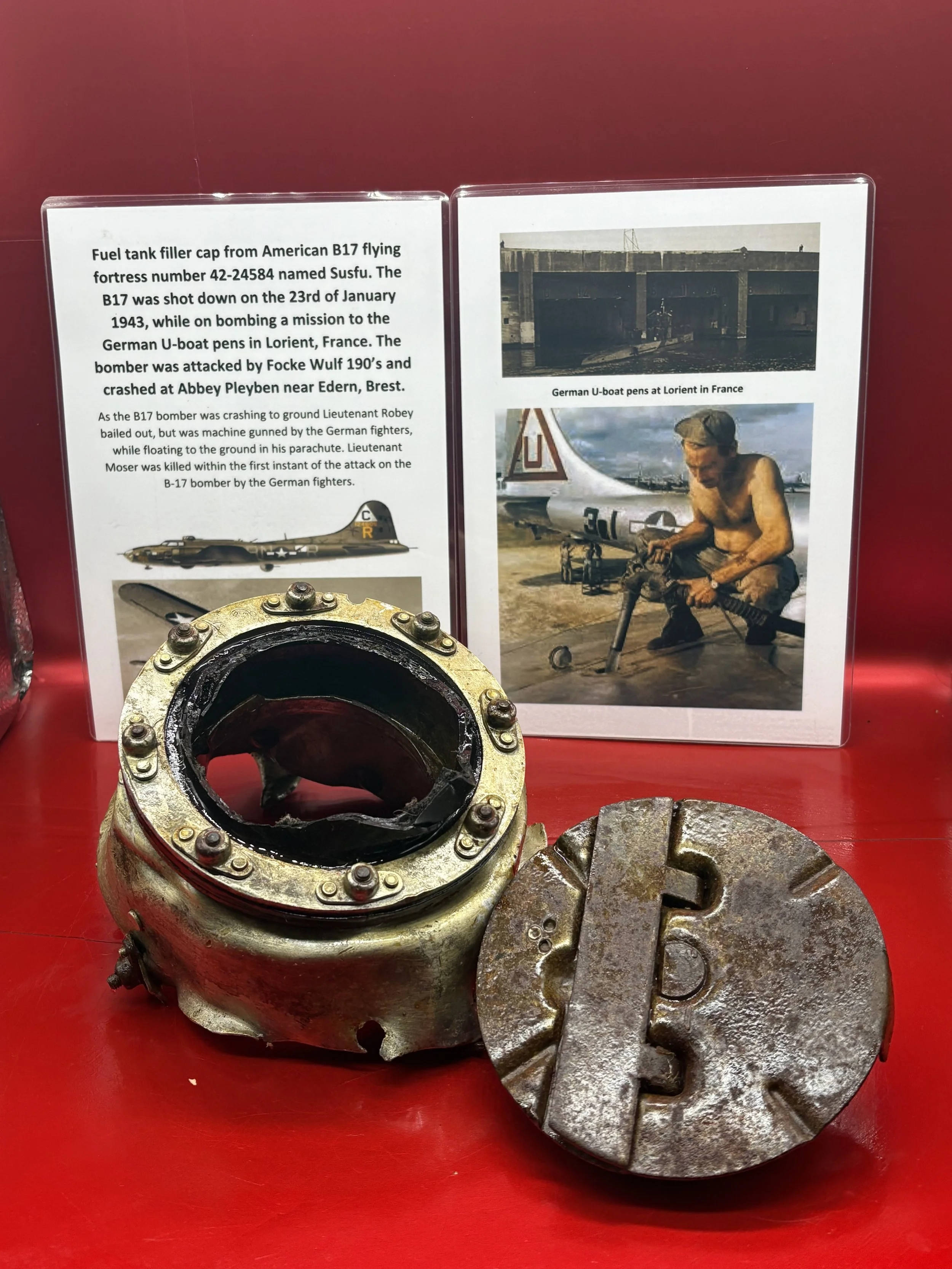 Very rare lovely condition fuel tank filler cap from American B17 flying fortress, 42-24584 named Susfu shot down 23rd January 1943 while attacking German U-boat pens in Lorient