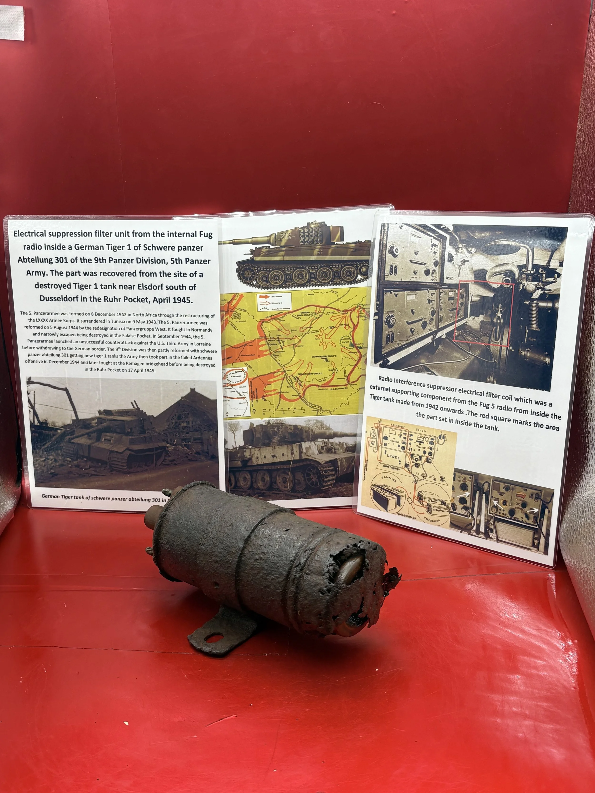 Electrical suppression filter unit from the internal fug radio inside  from a German tiger 1 tank recovered near Elsdorf south of Dusseldorf in the Ruhr Pocket April 1945