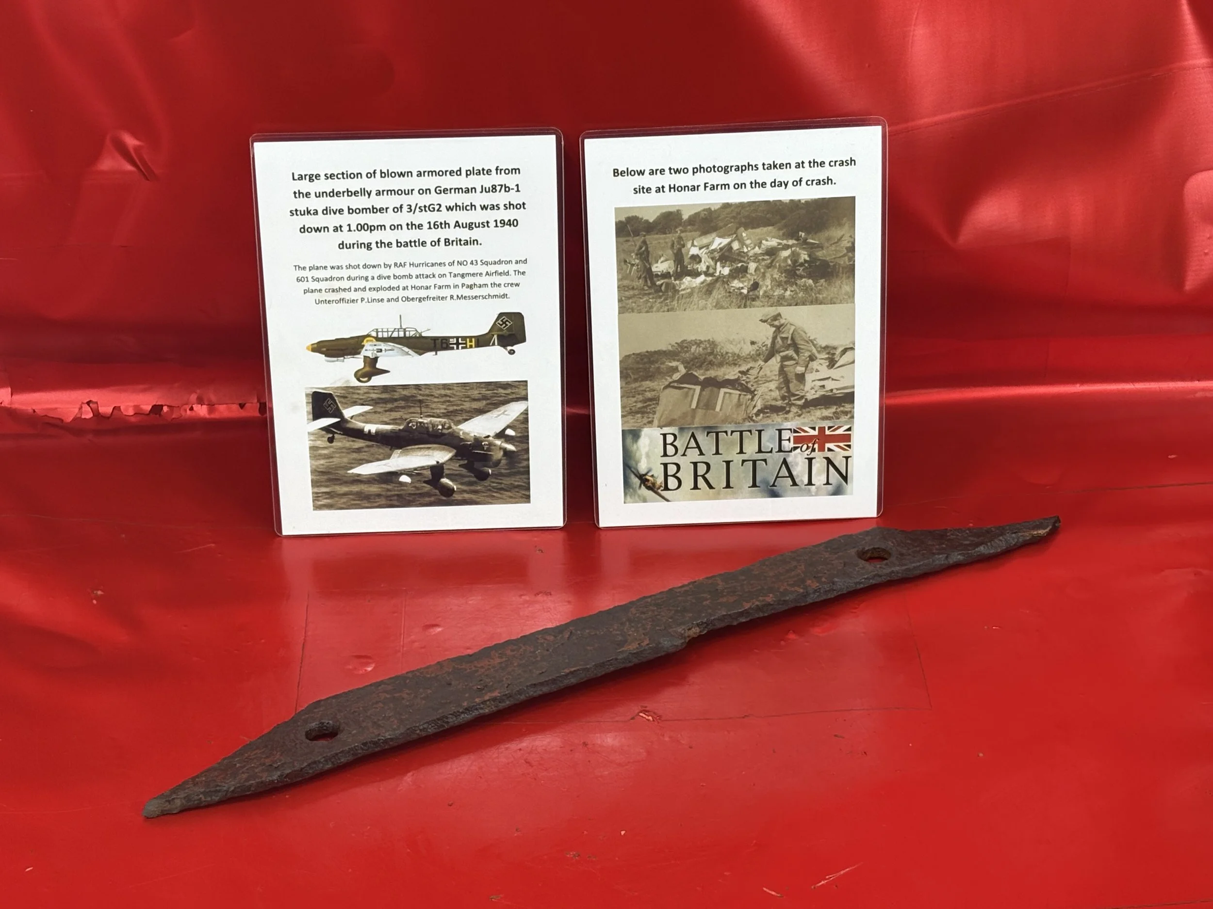 Large section of blown armored plate from  from German Ju87b-1 stuka dive bomber of 3/stG2 which was shot down on 16th August 1940 during the battle of Britain
