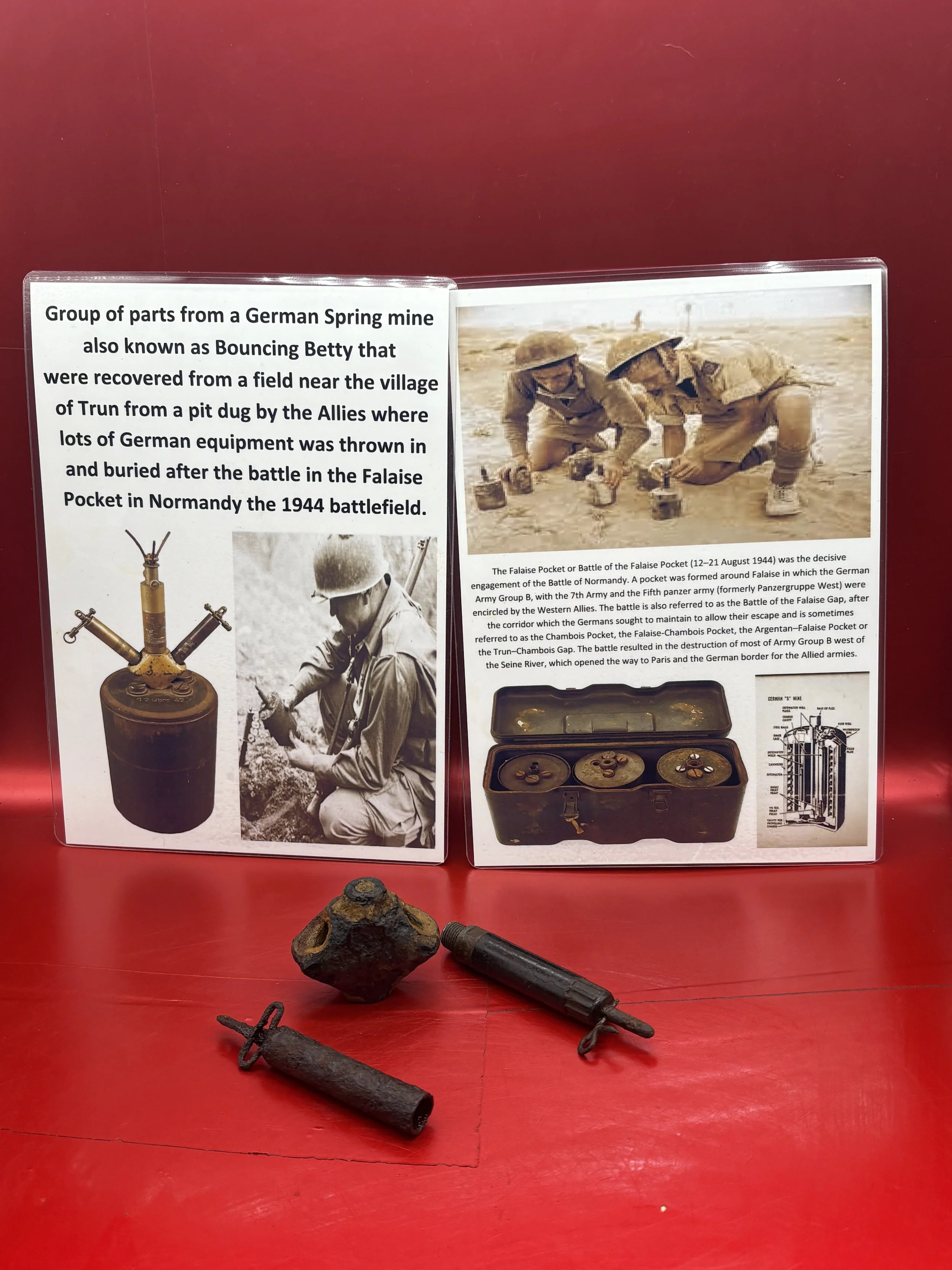 Rare group of parts from a German Spring mine also known as Bouncing Betty that were recovered from near the village of Trun in the Falaise Pocket, Normandy in 1944