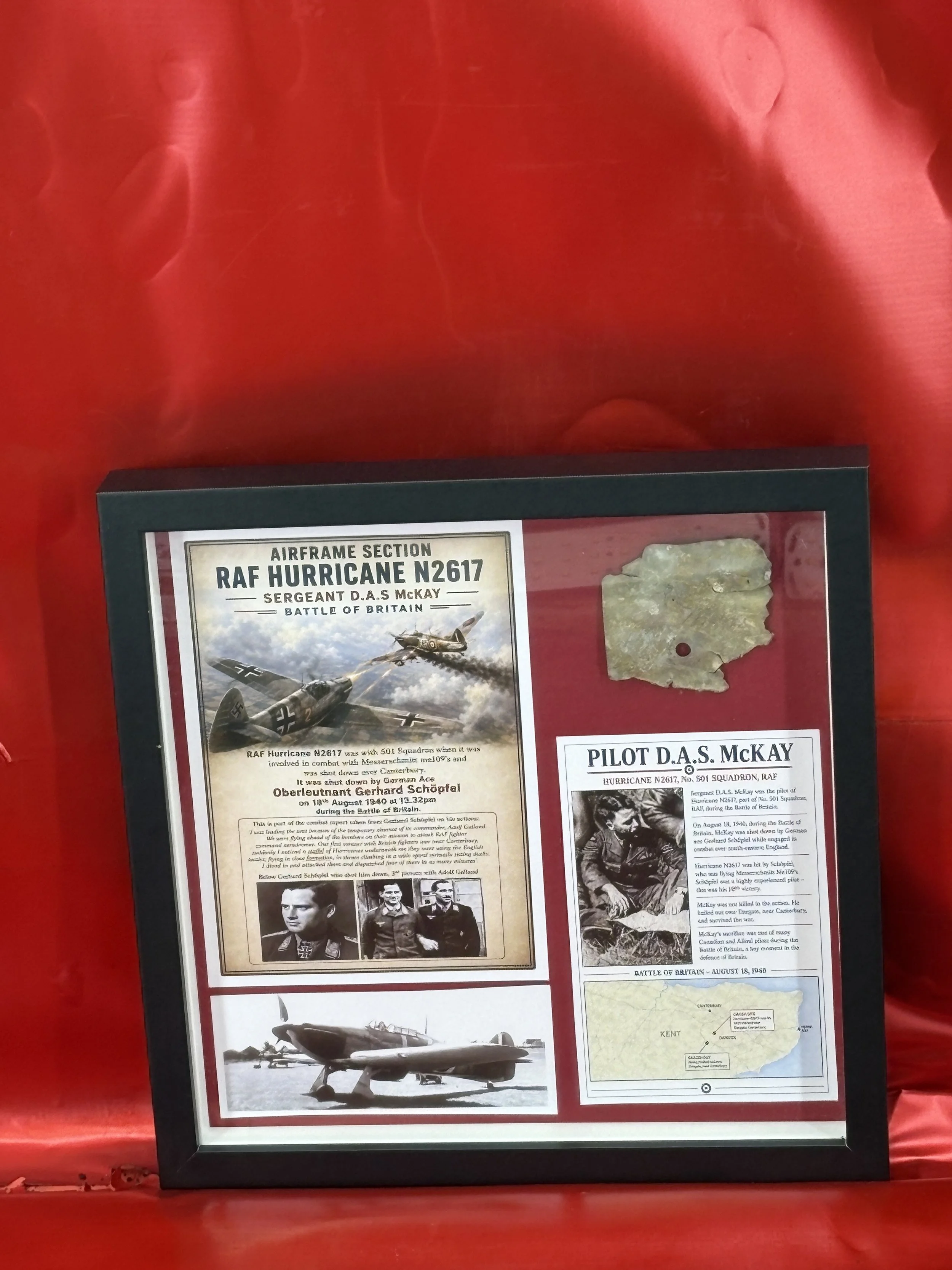 Glass framed airframe section from RAF Hurricane N2617, Sergeant D.A.S Mckay he was shot down by German ace Gerhard Schopfel at 13.32pm 18th August 1940, battle of Britain