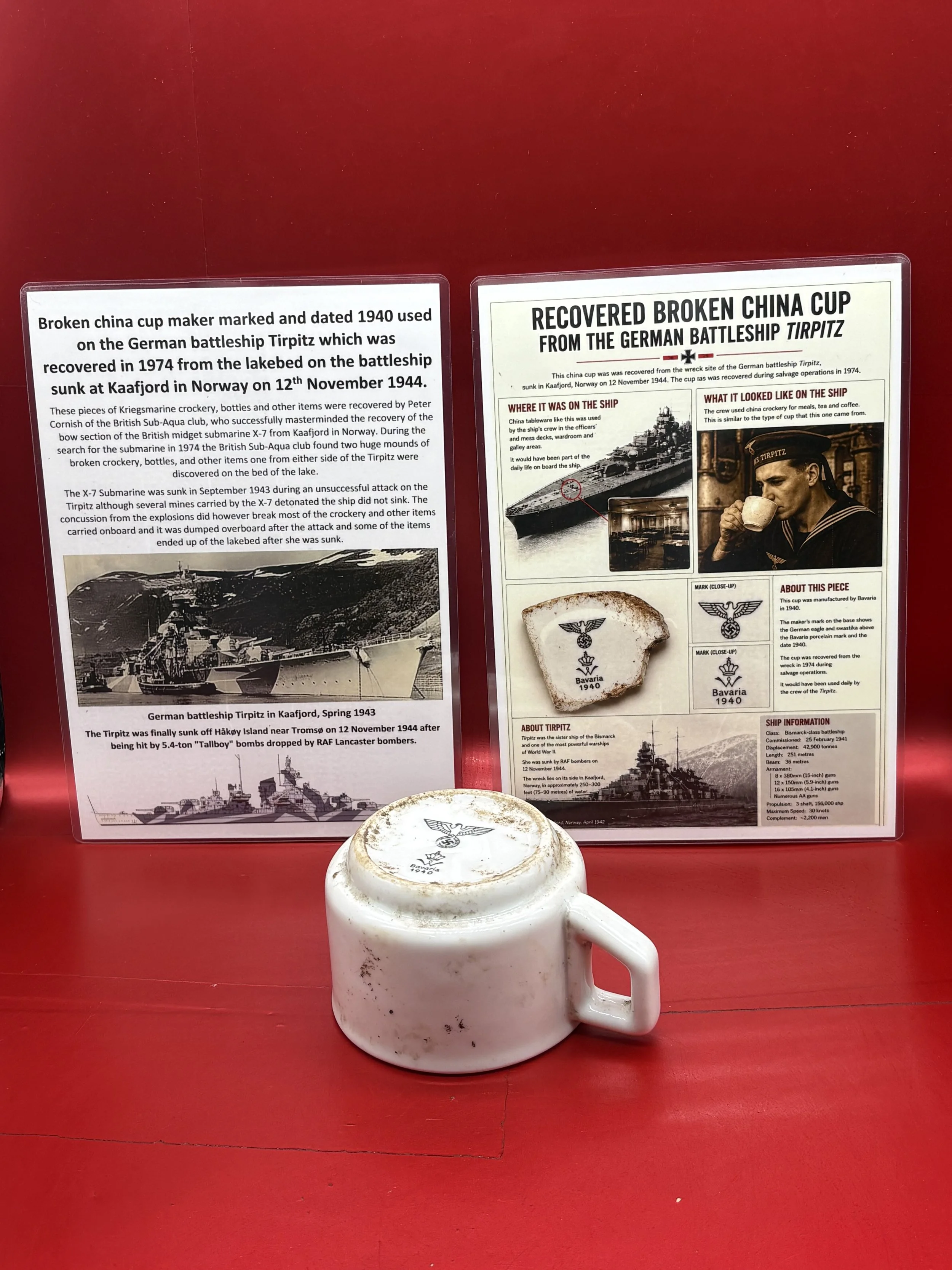 Very rare near complete china cup, marked BAVARIA 1940 with eagle used on the German battleship Tirpitz, recovered in 1974 from the battleship sunk at Kaafjord in Norway on 12th November 1944.