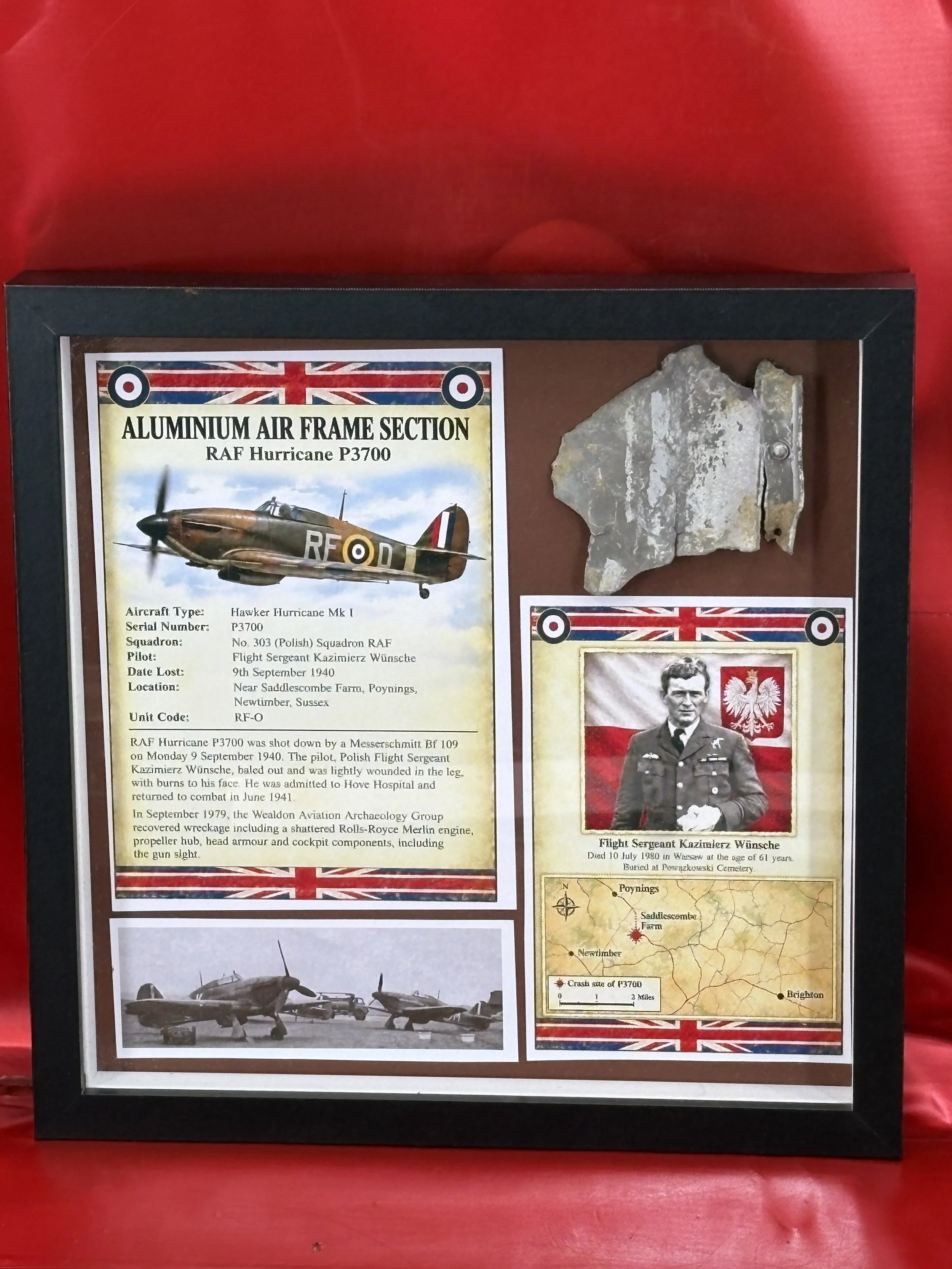 Glass framed airframe section from RAF Hurricane number P3700,shot down on 9th September 1940, the pilot Polish Flight Sargent Wunsche, crashed Newtimber, Sussex.