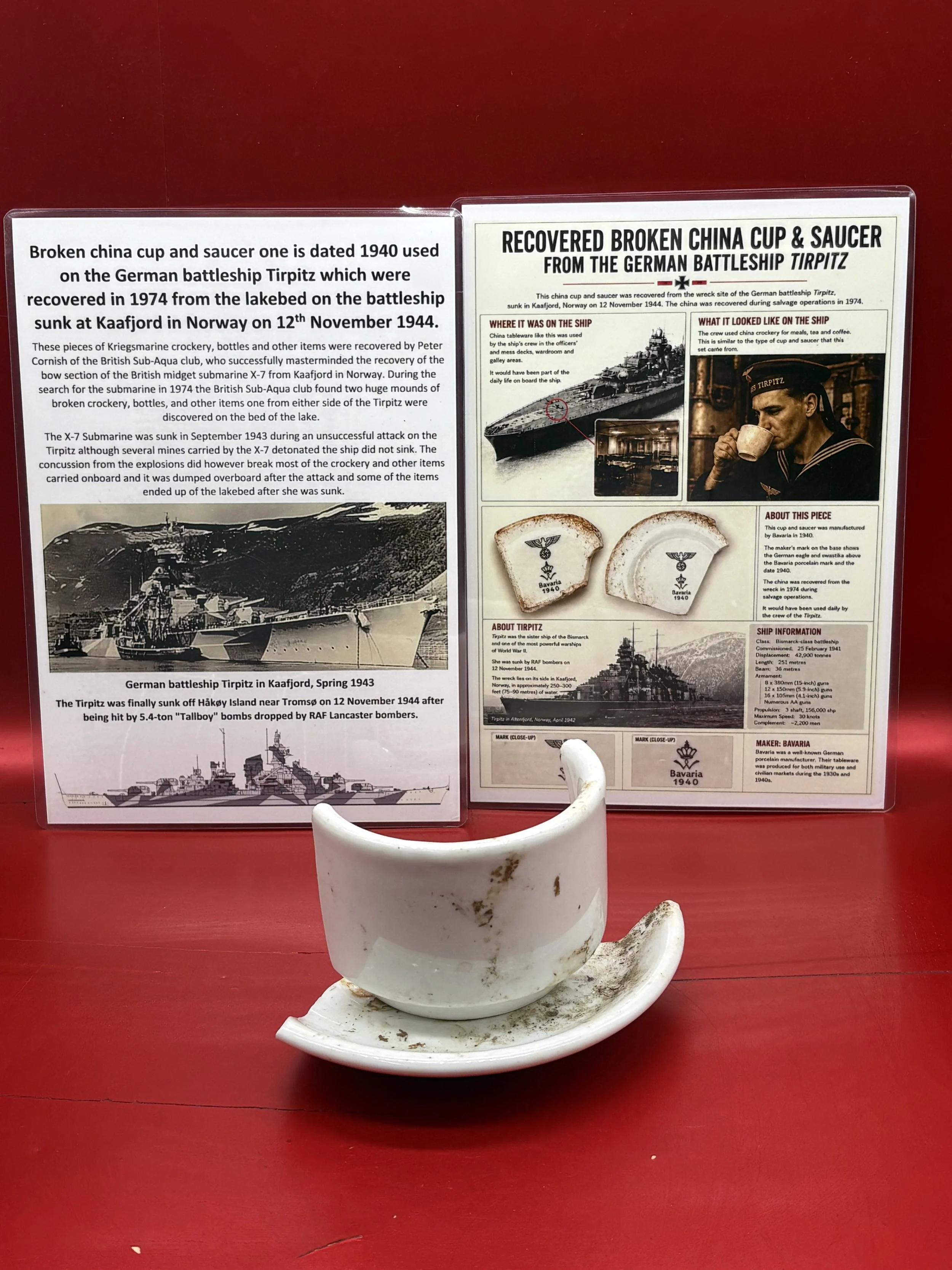Very rare broken china cup/saucer, marked BAVARIA 1940 with eagle used on the German battleship Tirpitz, recovered in 1974 from the battleship sunk at Kaafjord in Norway on 12th November 1944.