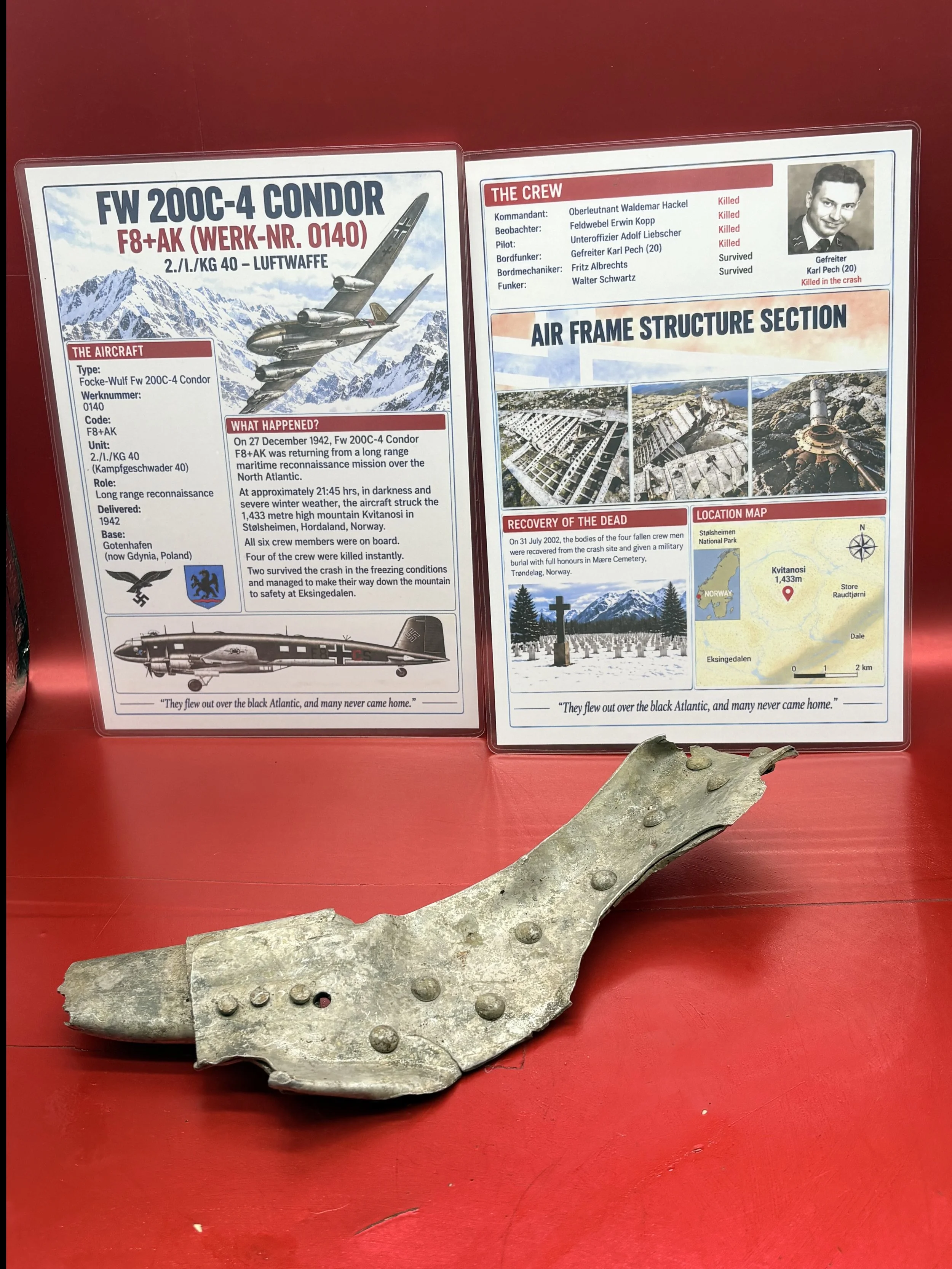 Nice clean aluminium airframe structure section from German Focke-Wulf Fw 200C-4 Condor number 0140 on return from patrol crashed in to mountains in Norway on 27 December 1942