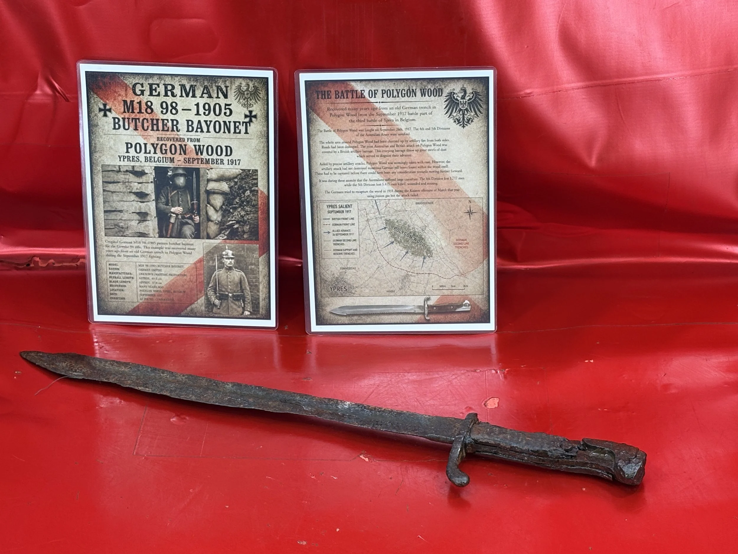 Lovely condition German 1898-1905 pattern butcher bayonet still with wooden handle remains recovered in Polygon wood from the September 1917, third battle of Ypres in Belgium on the Western front