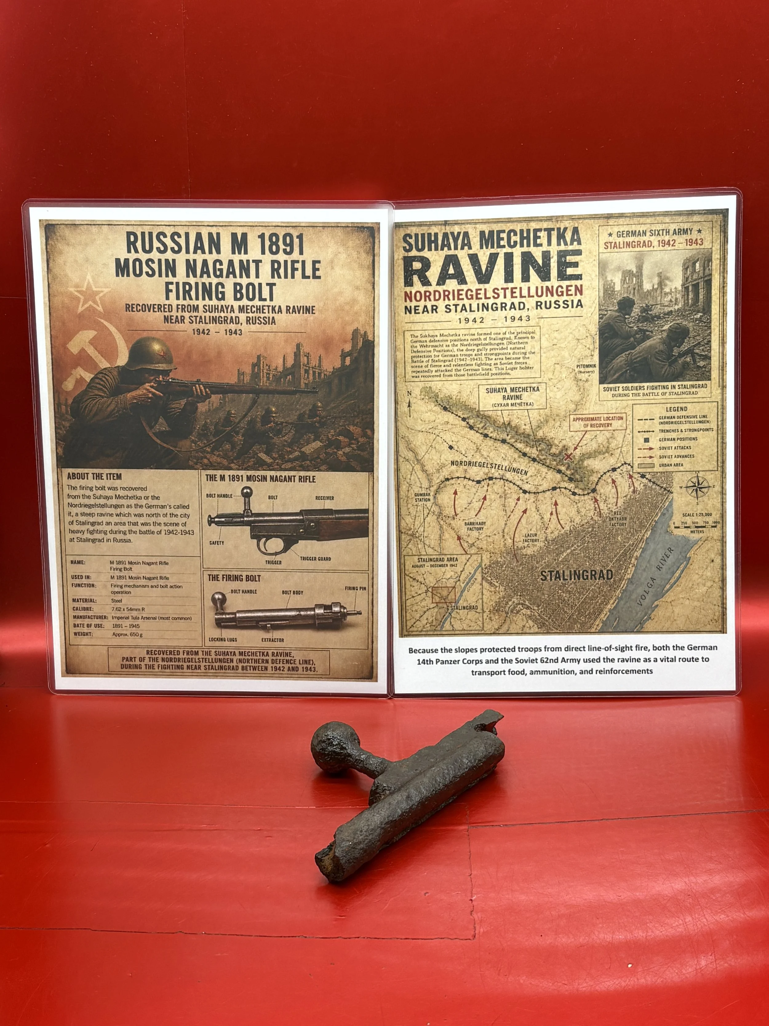 Russian M1891 Mosin Nagant rifle firing bolt remains that was recovered from Suhaya Mechetka Ravine in Stalingrad which was heavily fought over during battle in the Russian City of 1942-1943