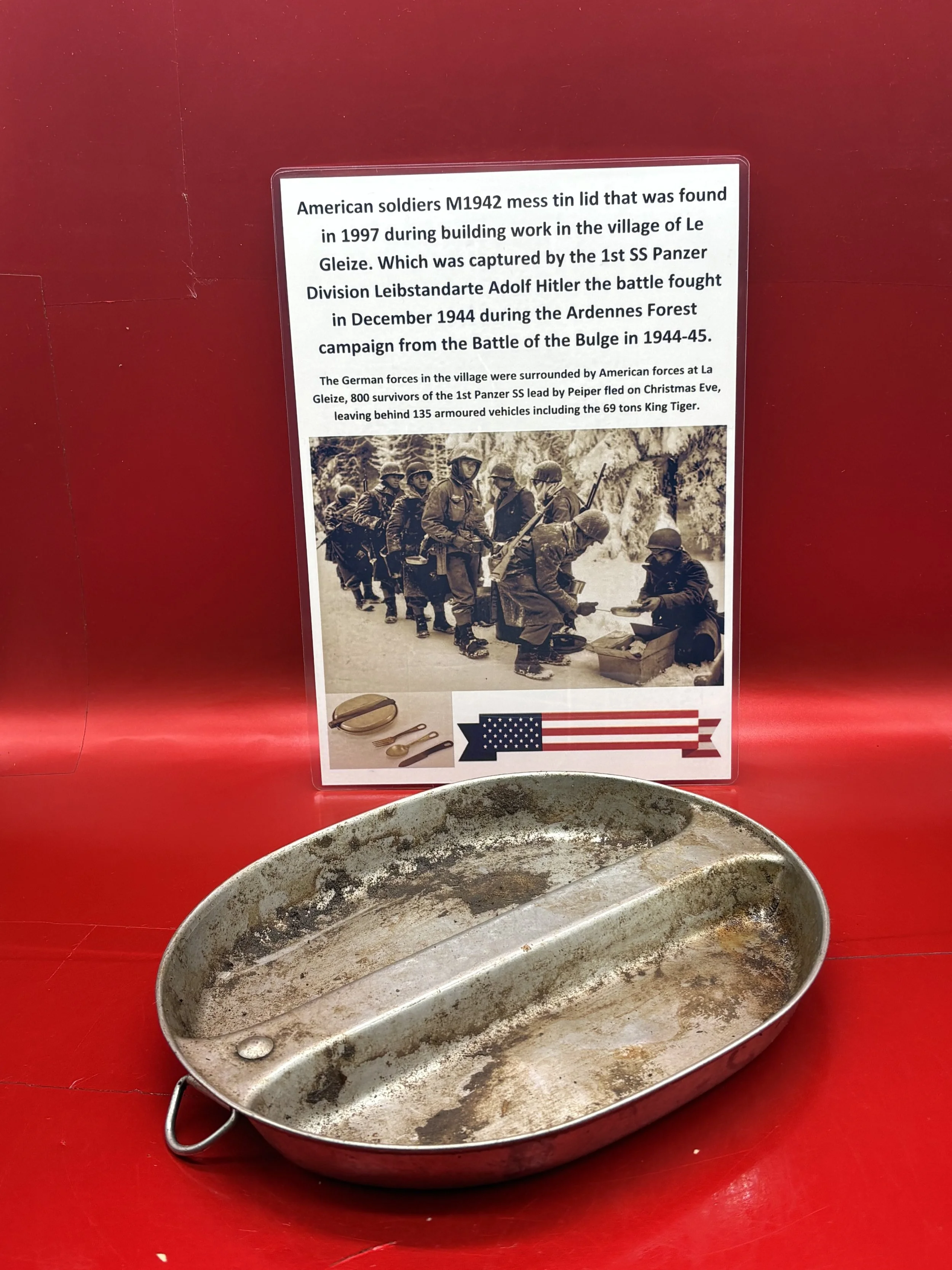 American soldiers M1942 mess tin lid nice condition that was found in 1997 during building work in the village of Le Gleize,battle in Ardennes forest 1944
