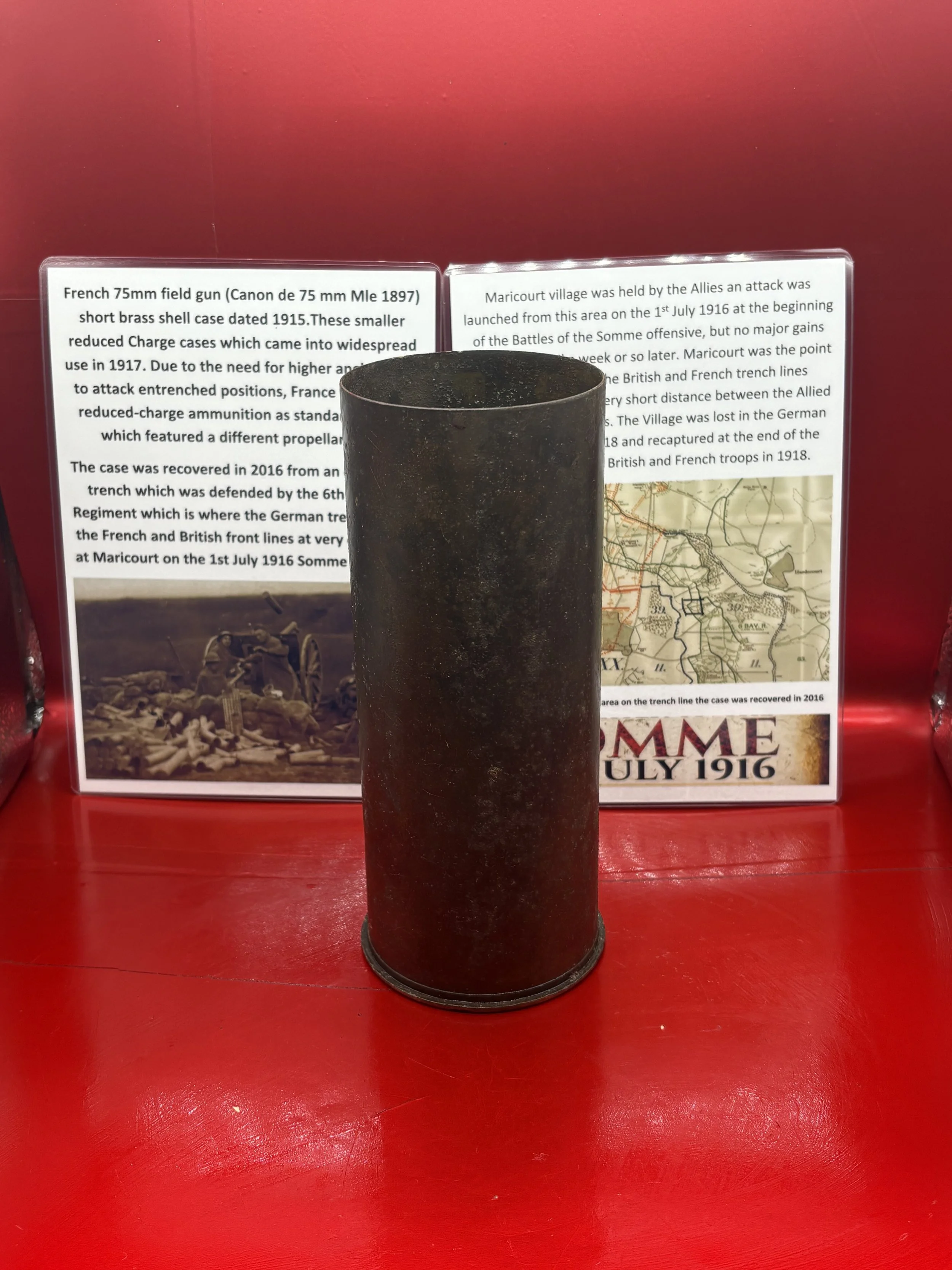 Rare smaller reduced charge French 75mm field gun shell case recovered in 2016 from an old German trench which meet the French and British front lines at Maricourt,1st July 1916 Somme battlefield