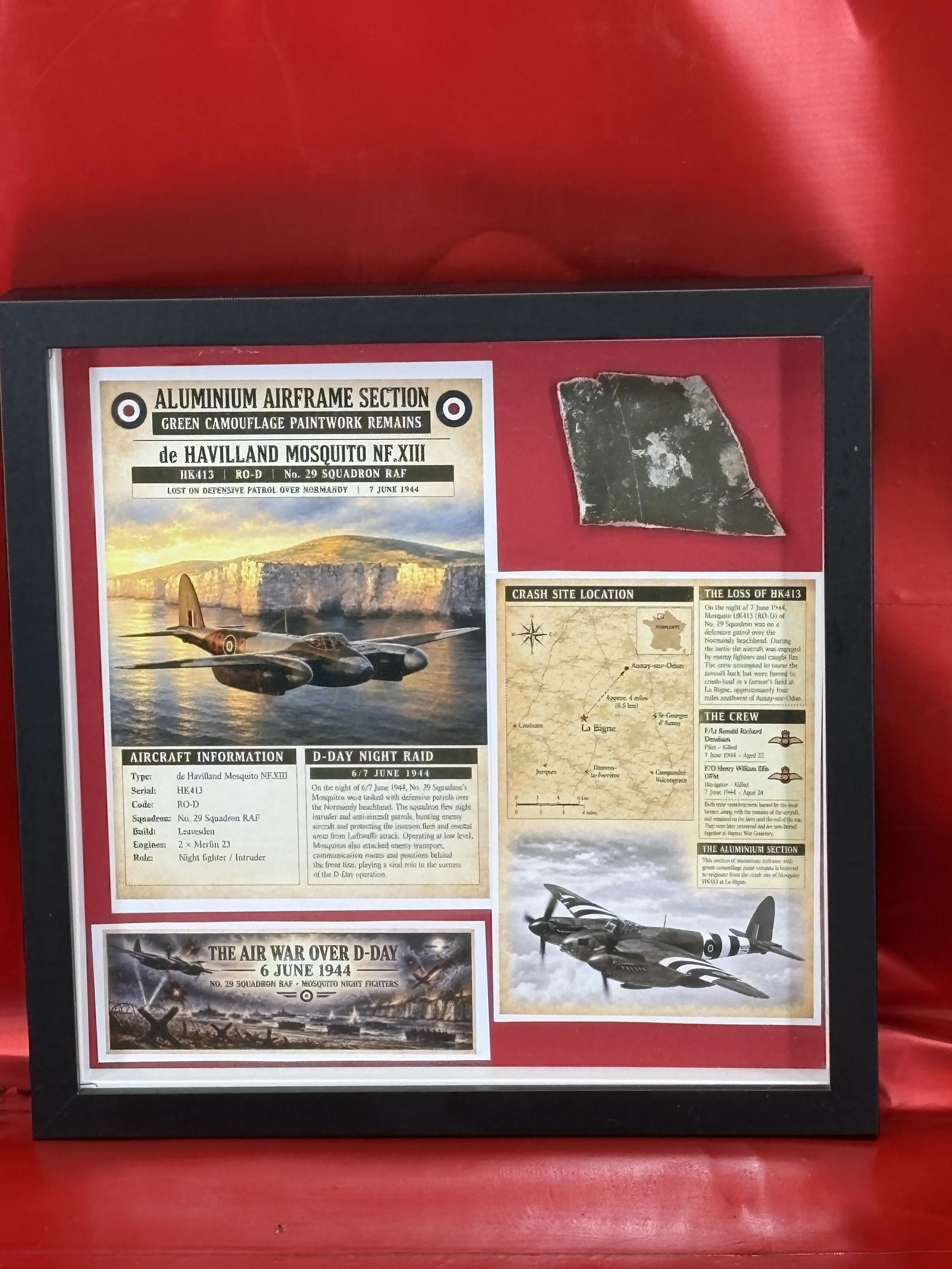 Glass framed airframe section from RAF Mosquito NF.XII HK413 operated by 29 Squadron, whose role on the night of 7 June 1944—D‑Day plus one which was shot down and crashed near Caen