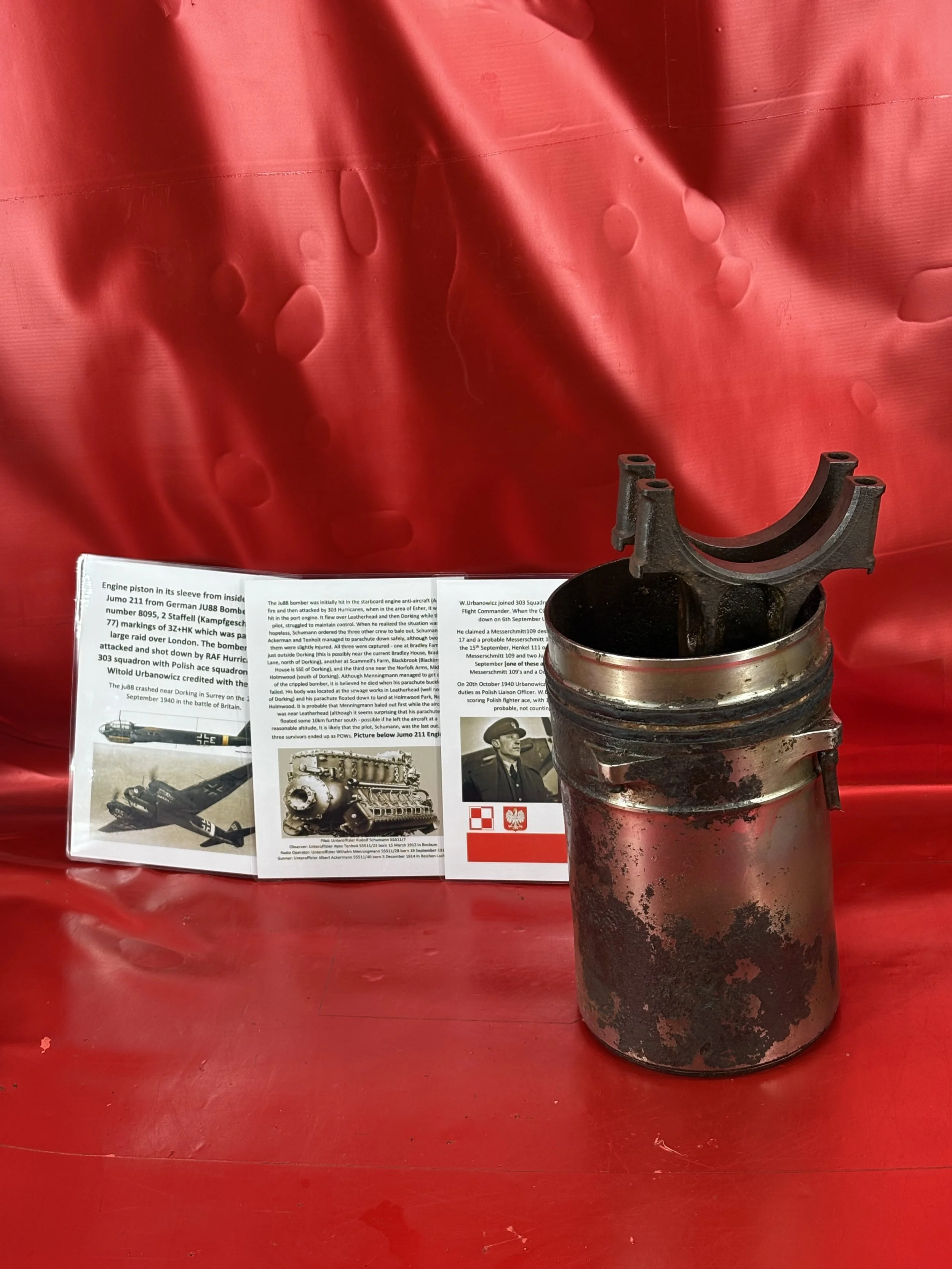 Fantastic condition engine piston and sleeve with Jumo maker badge from German JU88 Bomber work number 8095 of KG77 shot down by Polish ace and crashed near Dorking on the 27th September 1940
