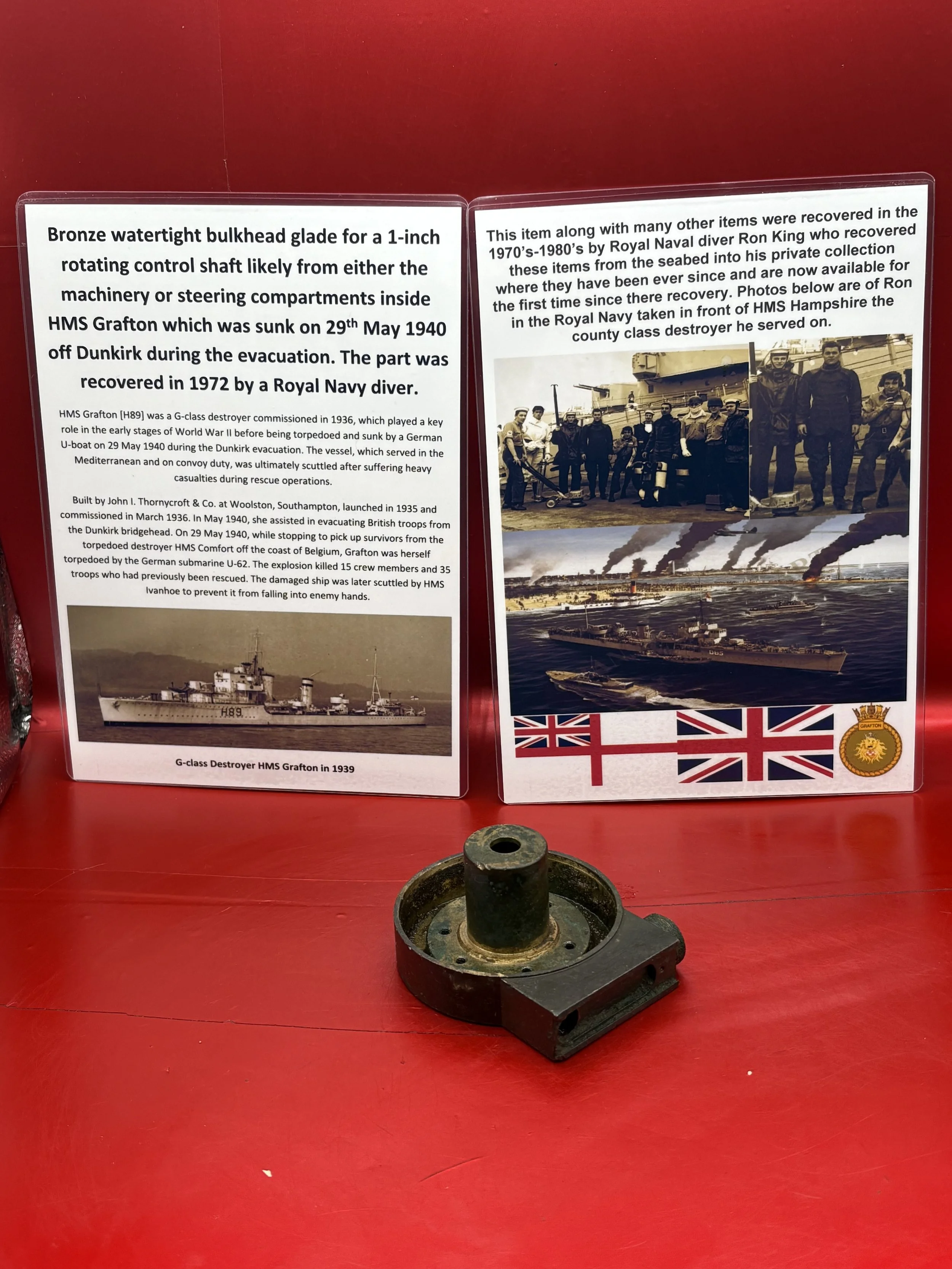 Bronze watertight bulkhead glade for a 1-inch rotating control shaft likely from,machinery or steering compartments inside HMS Grafton which was sunk on 29th May 1940 off Dunkirk during evacuation