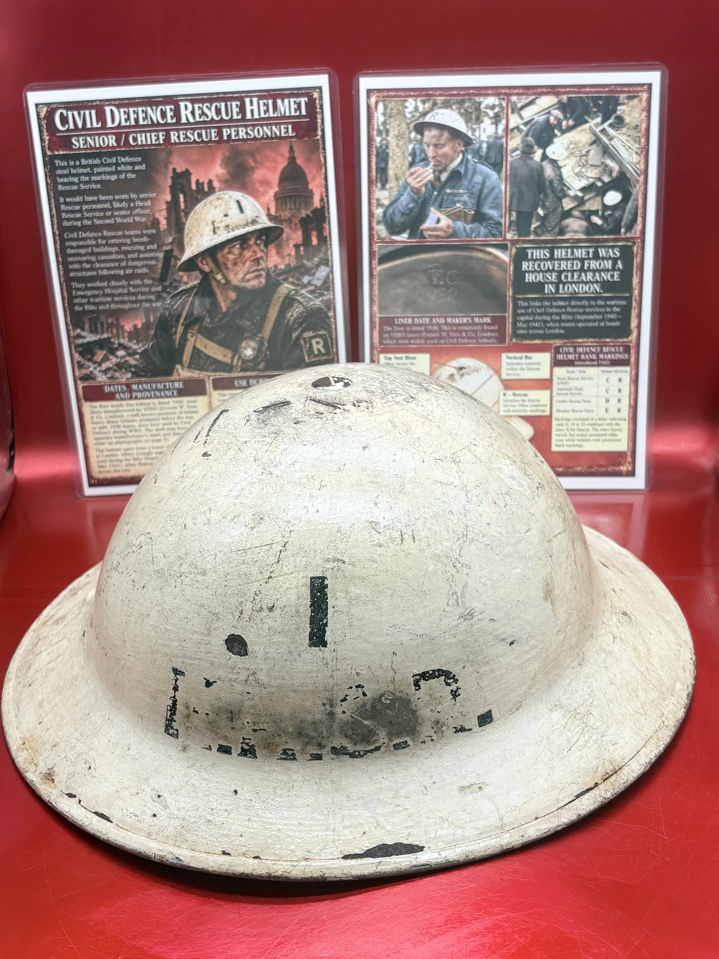 Lovely condition complete British brodie civil defence rescue senior/chief helmet, maker marked and dated 1938 found in a house clearance in London