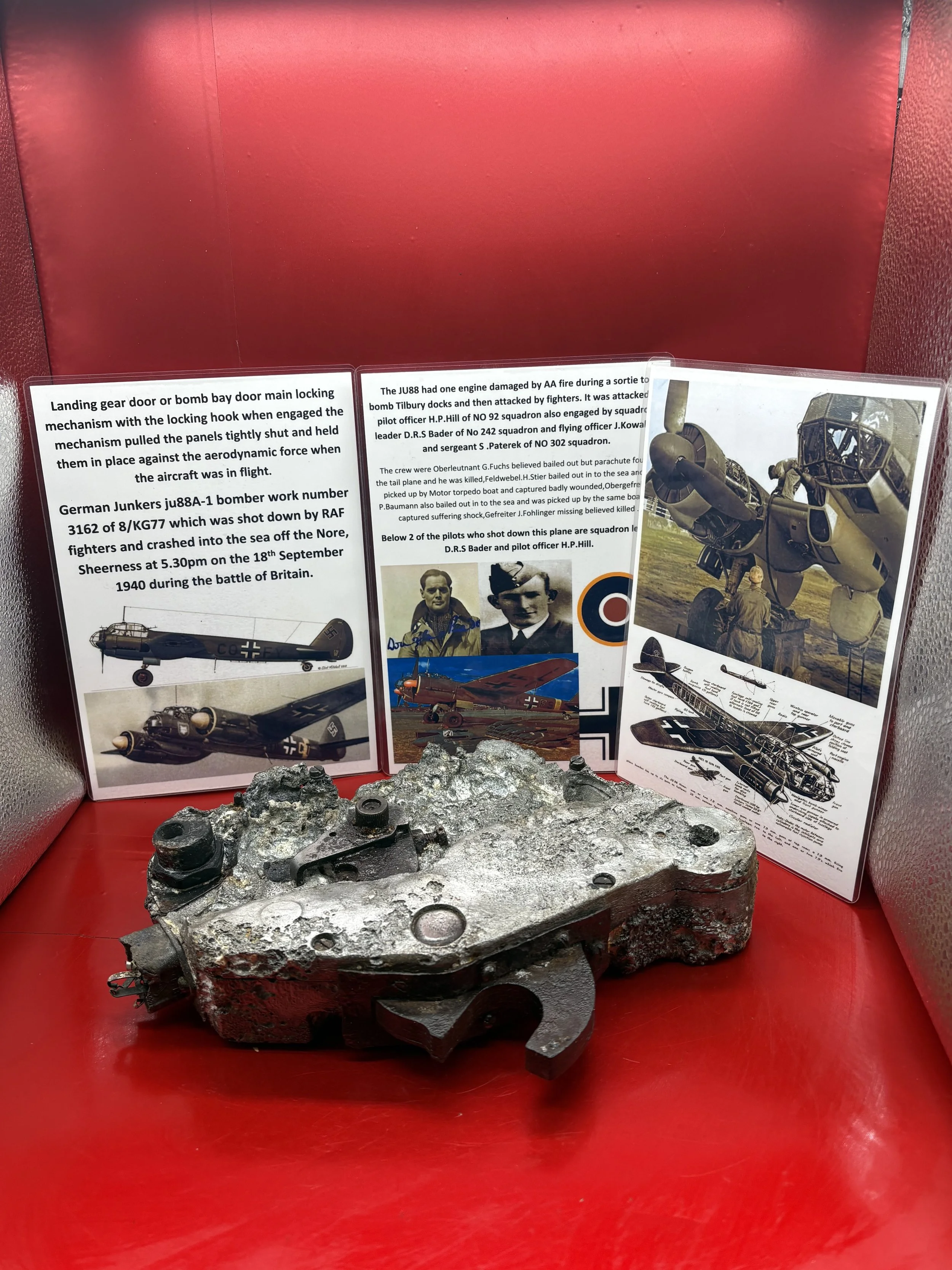 Landing gear door or bomb bay door main locking mechanism with the locking hook from German Junkers Ju88 bomber number 3162 shot down by by D.Bader crashed in sea off Sheerness on 18th September 1940