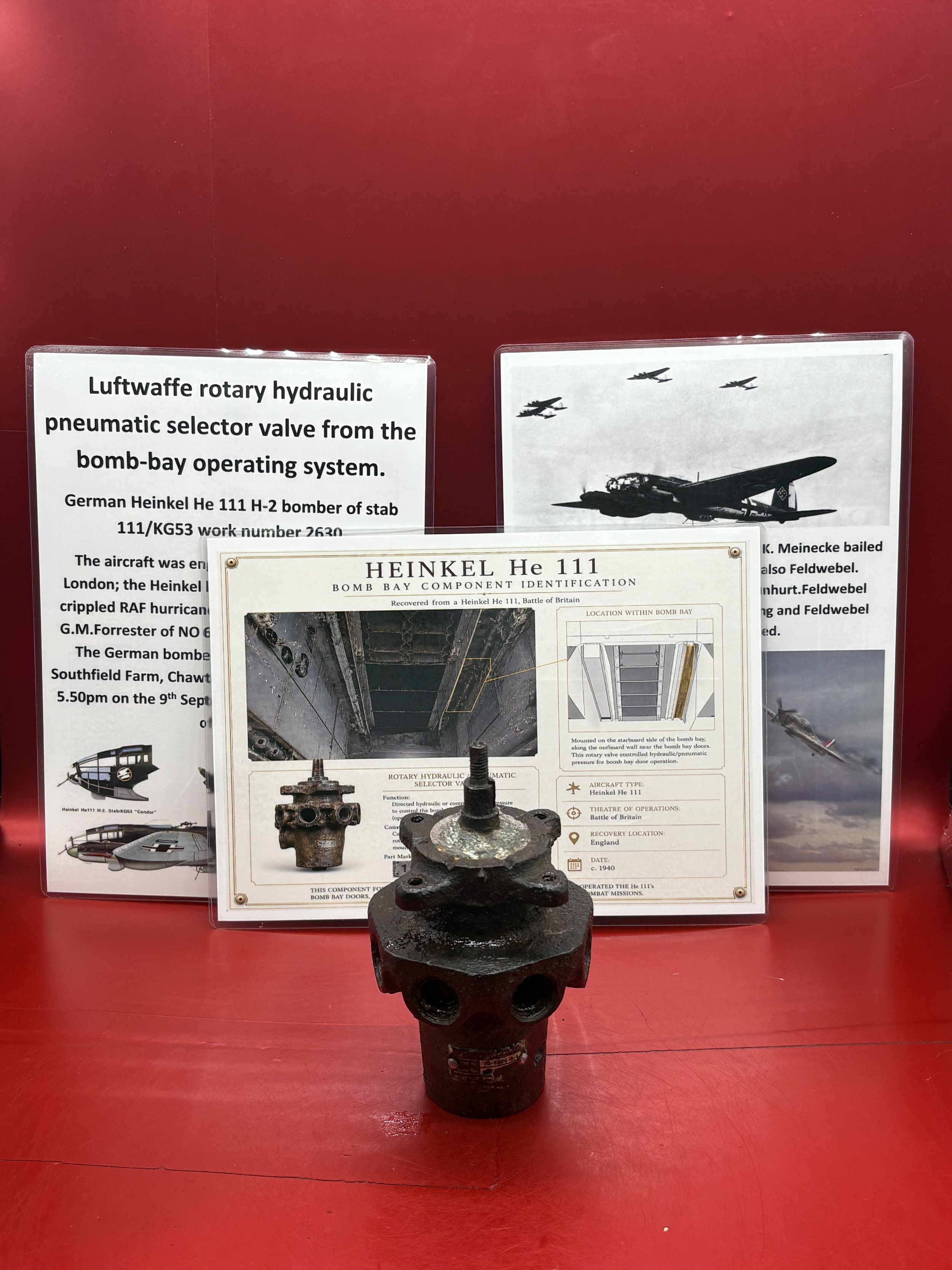 Very rare Luftwaffe rotary hydraulic pneumatic selector valve, bomb-bay area+label from German Heinkel He 111 bomber of KG53 work number 2630, bombing sortie,London, 9th September 1940,crashed Chawton