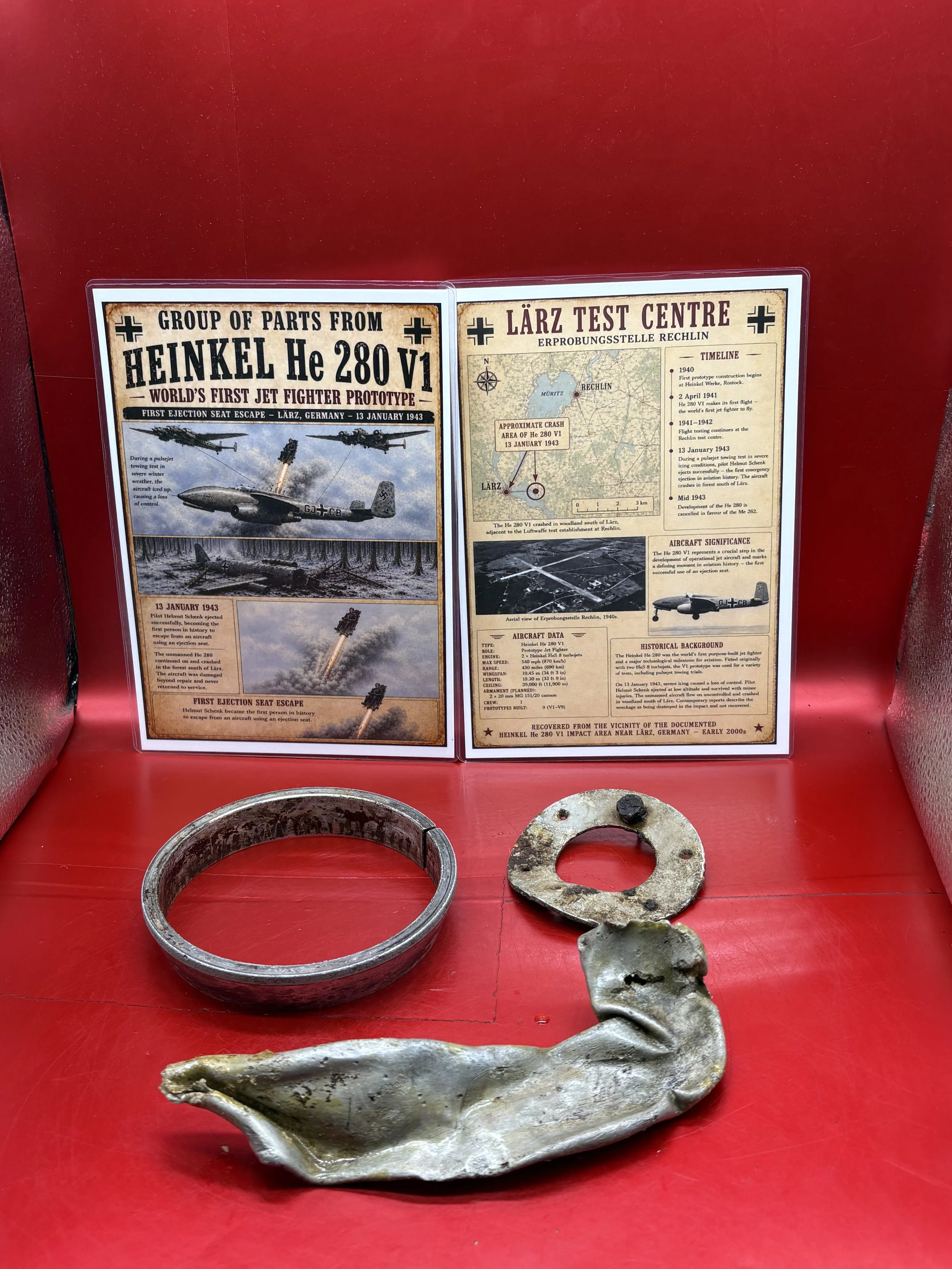 Totally rare clean group of parts from German Heinkel He 280 V2 jet fighter with worlds first ejector seat use after it crashed on January 13, 1942 near Rechlin around Larz test centre near Berlin