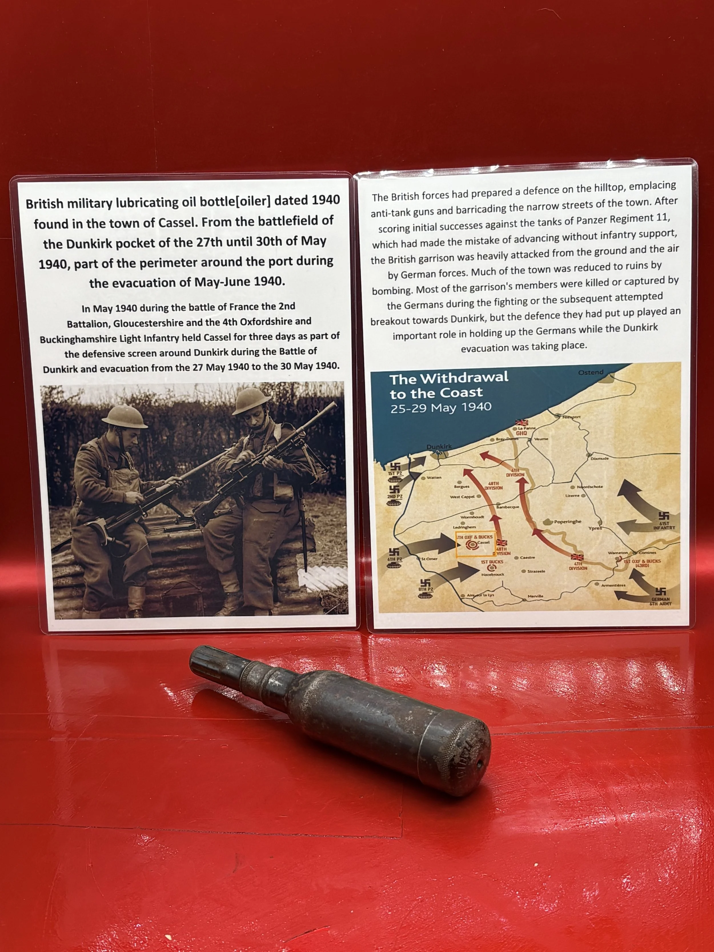 Lovely condition British military lubricating oil bottle[oiler] dated 1940 found in the town of Cassel in the Dunkirk pocket of May 1940, part of the perimeter around the port