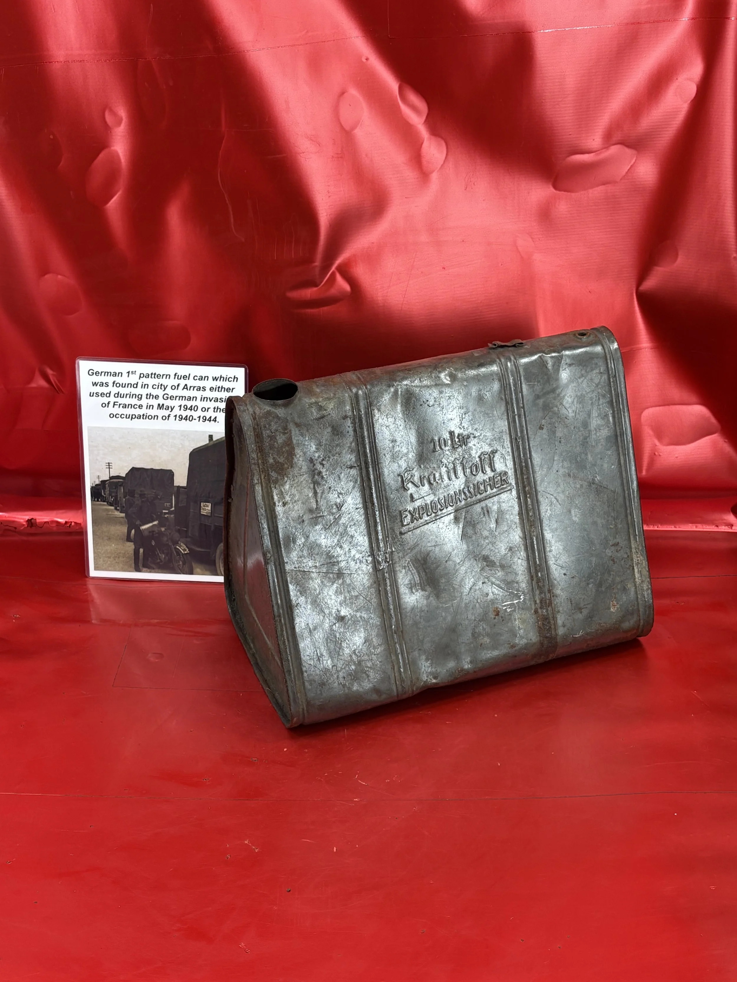 German Wehrmacht 1st pattern Fuel can maker marked found in city of Arras either used during the German invasion of France in May 1940 or the occupation of 1940-1944