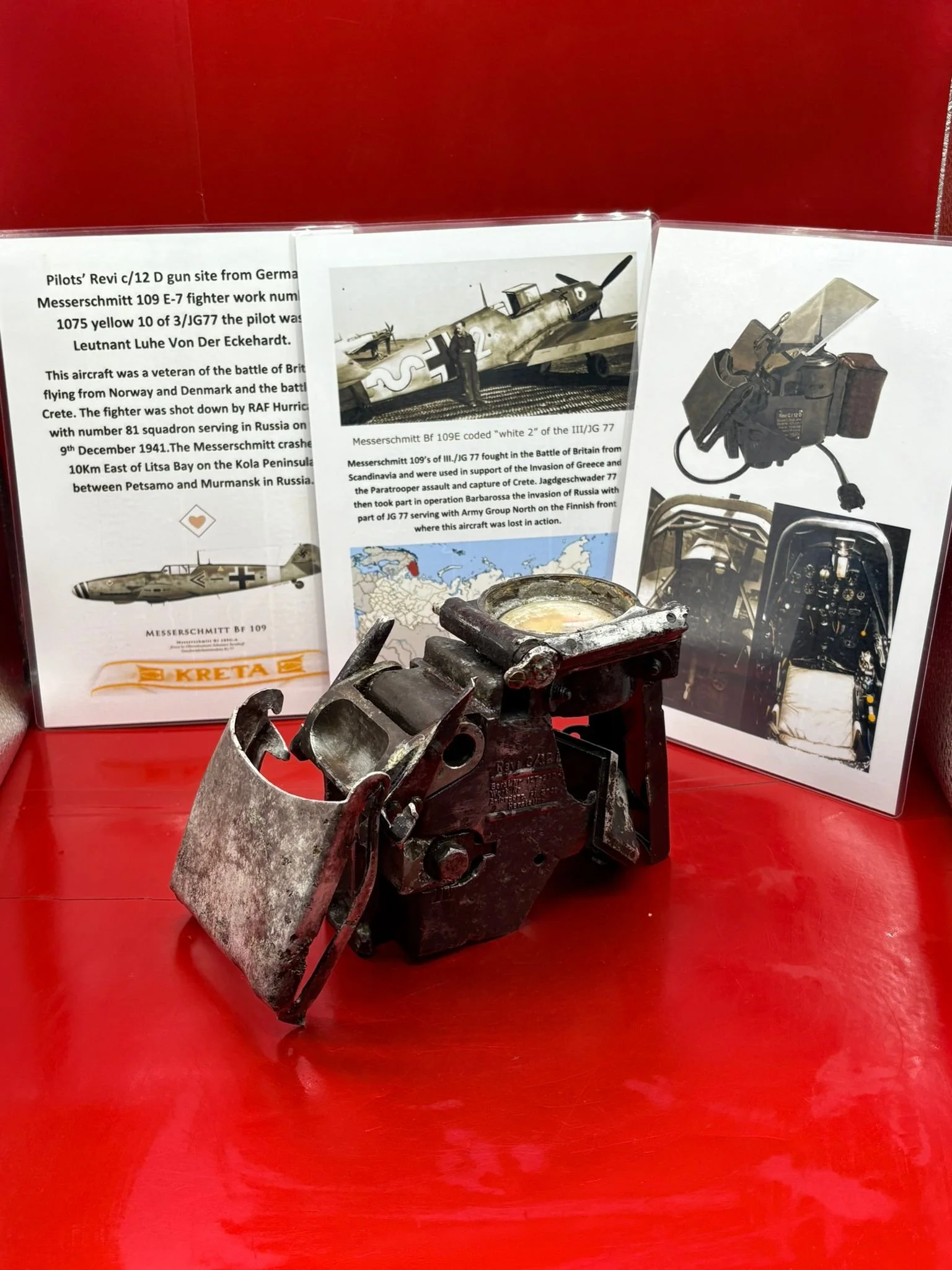 Totally rare pilots’ Revi c/12 D gun site not complete but lovely condition from a Messerschmitt 109 number 1075 shot down by RAF Hurricane on 9th December 1941 and crashed near Murmansk in Russia