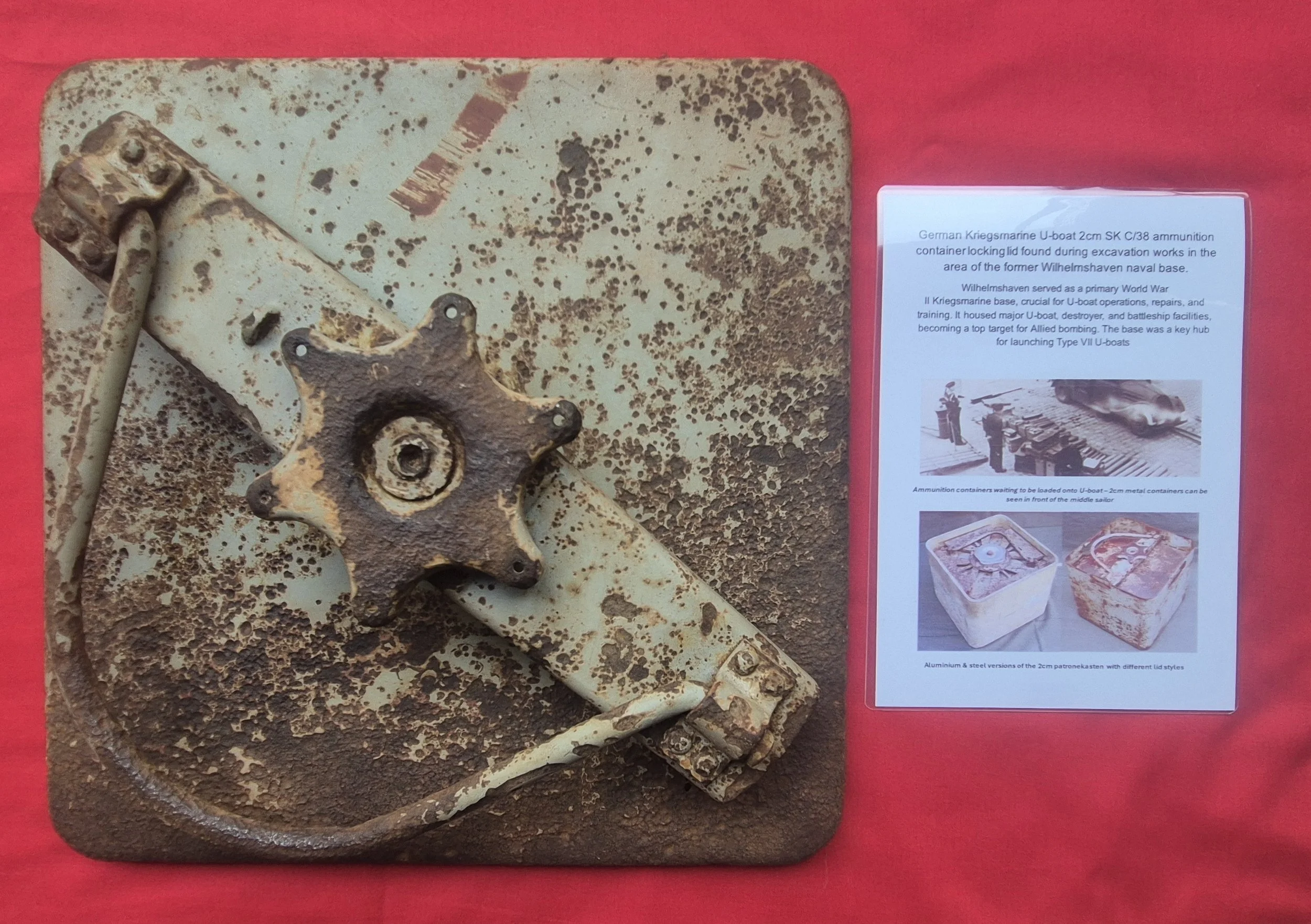 German Kriegsmarine U-boat 2cm C/38 flak gun ammunition container lid found during excavation works near the Wilhelmshaven naval base