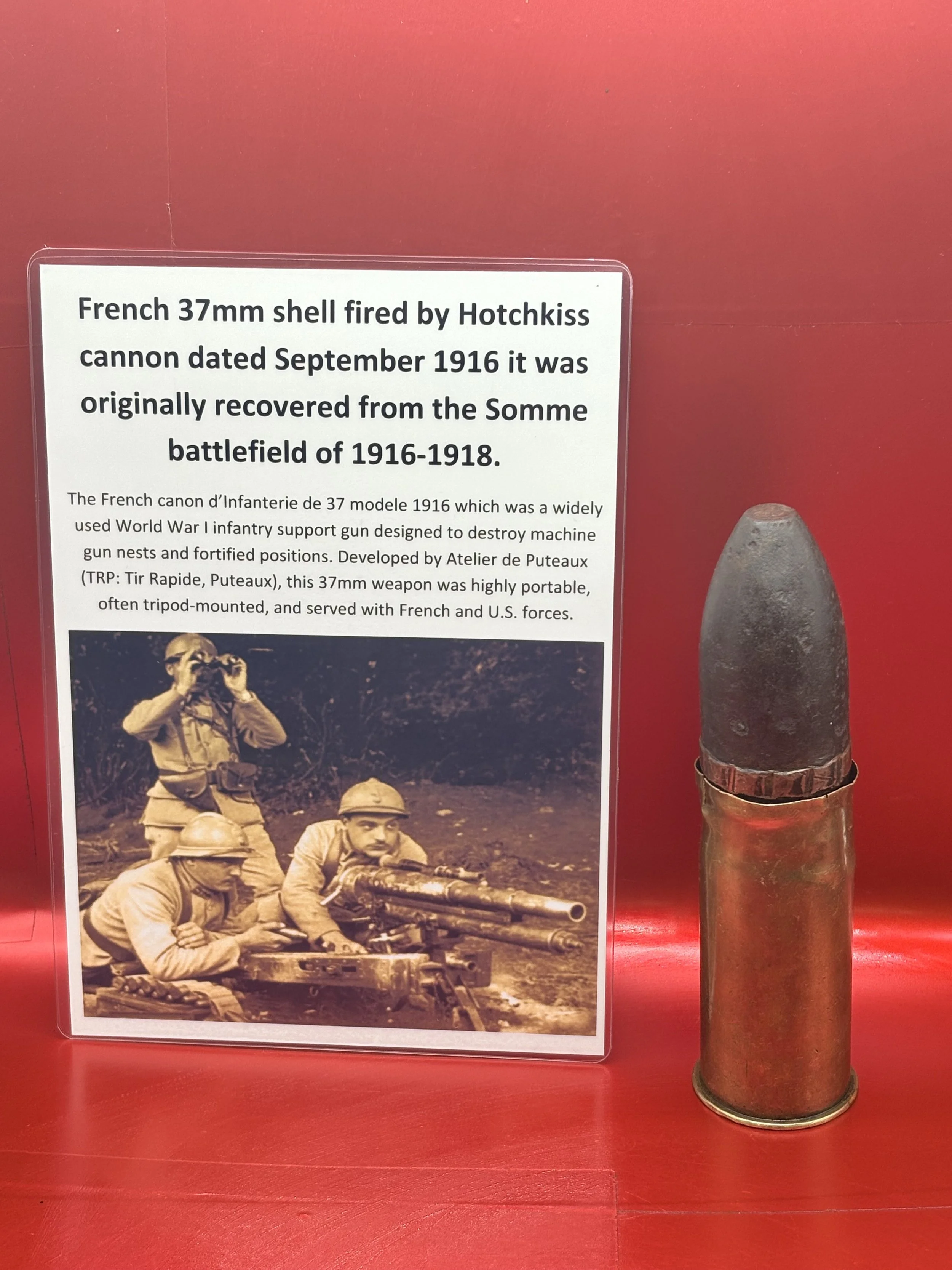 Nice condition French 37mm shell fired by Hotchkiss cannon dated September 1916 it was originally recovered from the Somme battlefield of 1916-1918.