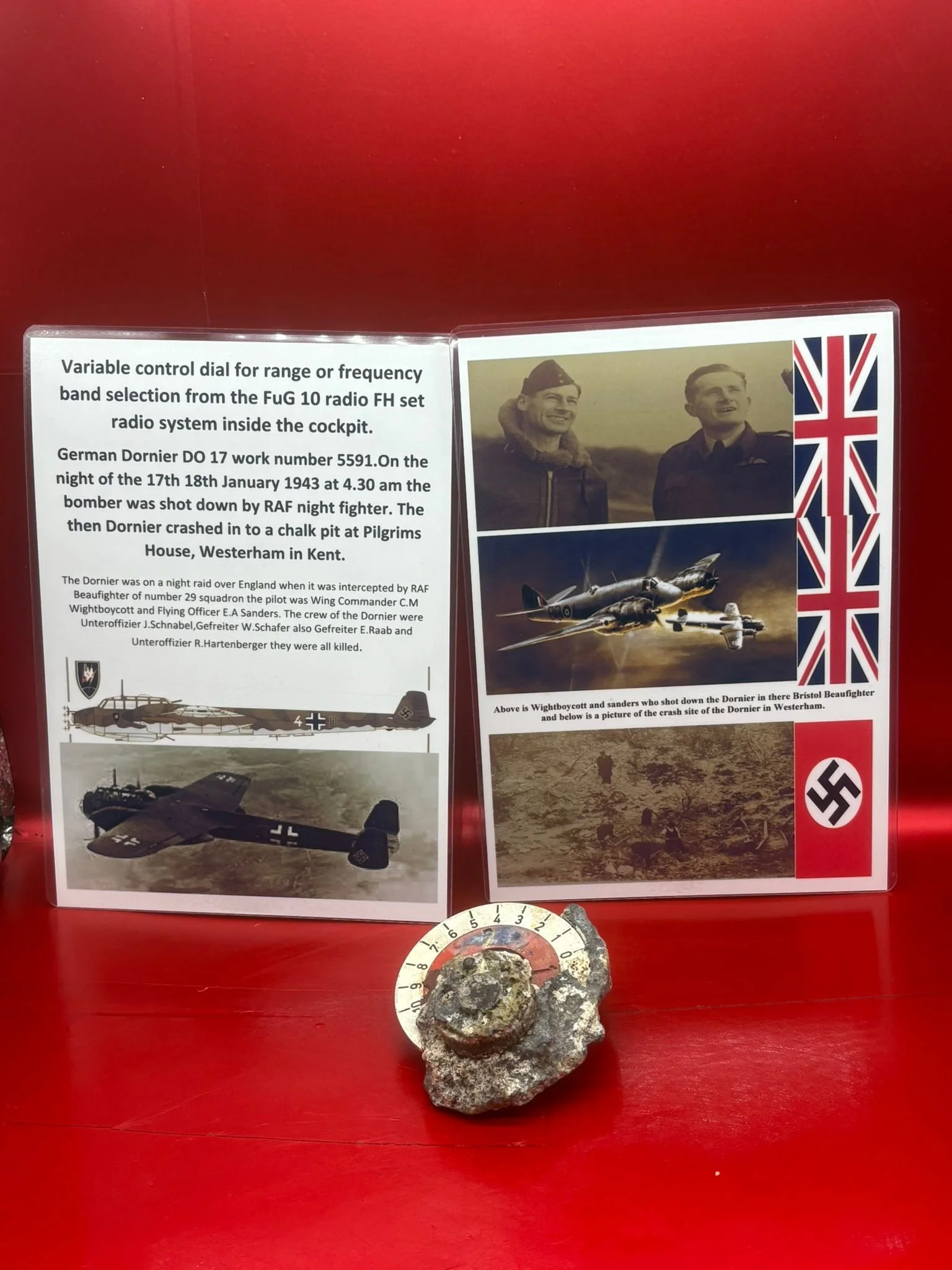 Variable control dial for range or frequency band selection on FuG 10 radio FH set radio system from cockpit in German Dornier 217 bomber,number 5591,shot down 17- 18 January 1943,crashed Westerham