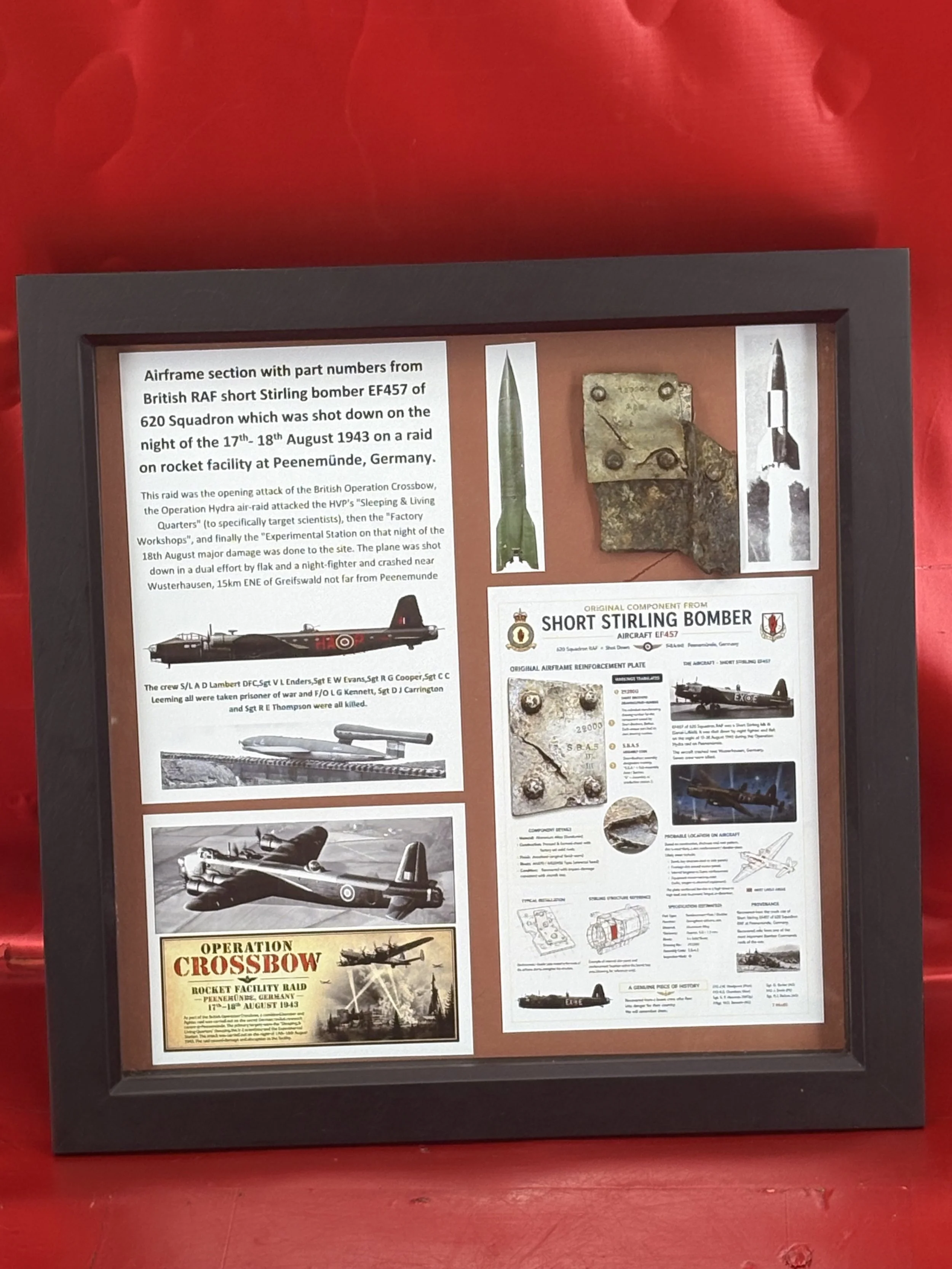 Glass framed airframe structure section,maker marked+paintwork from British RAF short Stirling bomber EF457 which was shot down on 17th- 18th August 1943 on a raid on rocket facility at Peenemünde