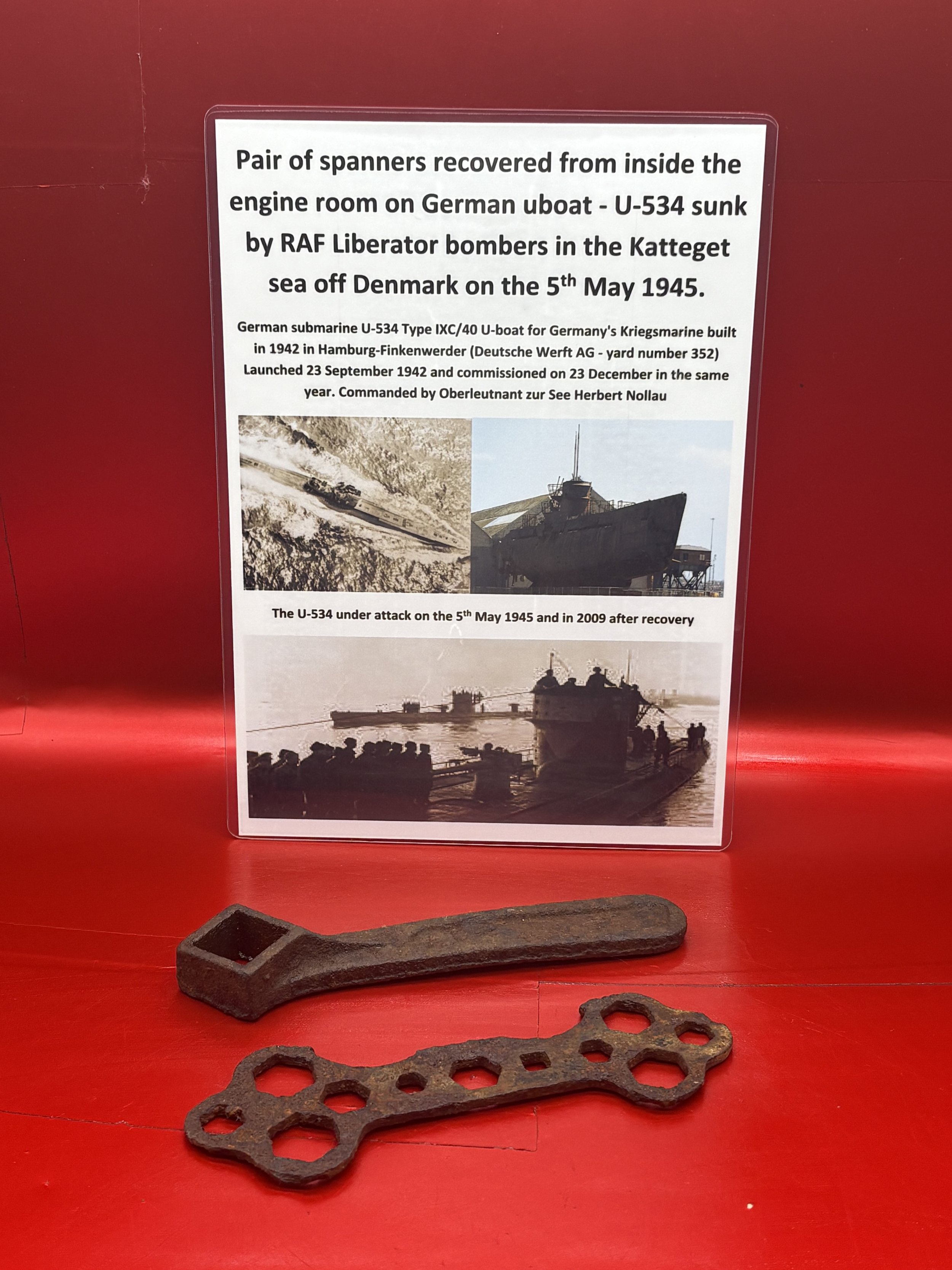 Pair of spanners from a tool box in the engine room inside U534 which was sunk by RAF Liberator bombers in the Katteget sea off Denmark on the 5th May 1945