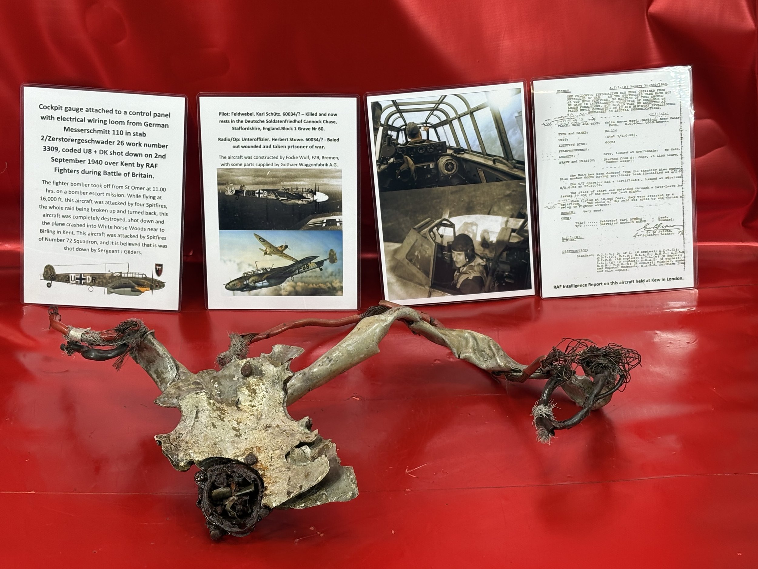 Very rare cockpit gauge attached to a control panel with electrical wiring loom from onboard German Messerschmitt 110 number 3309 shot down 2nd September 1940 crashed Maidstone in battle of Britain