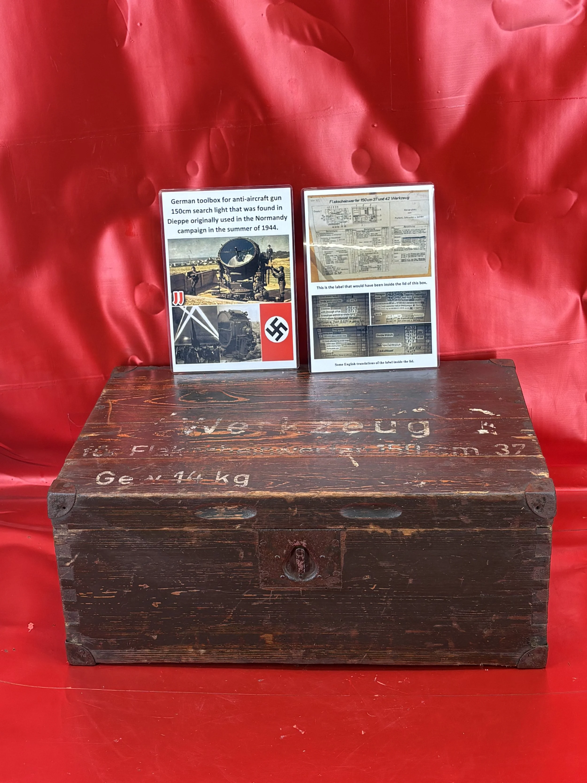 Very rare German toolbox for anti-aircraft gun 150cm search light,lovely maker marked that was found in Dieppe originally used in the Normandy campaign in the summer of 1944.