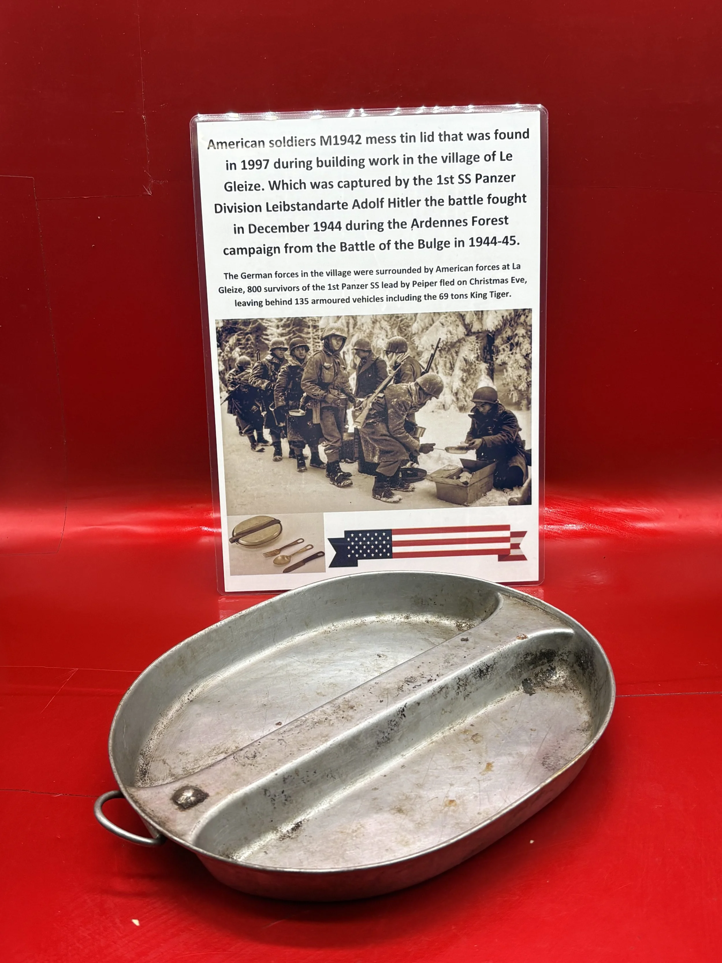 American soldiers M1942 mess tin lid nice condition that was found in 1997 during building work in the village of Le Gleize,battle in Ardennes forest 1944