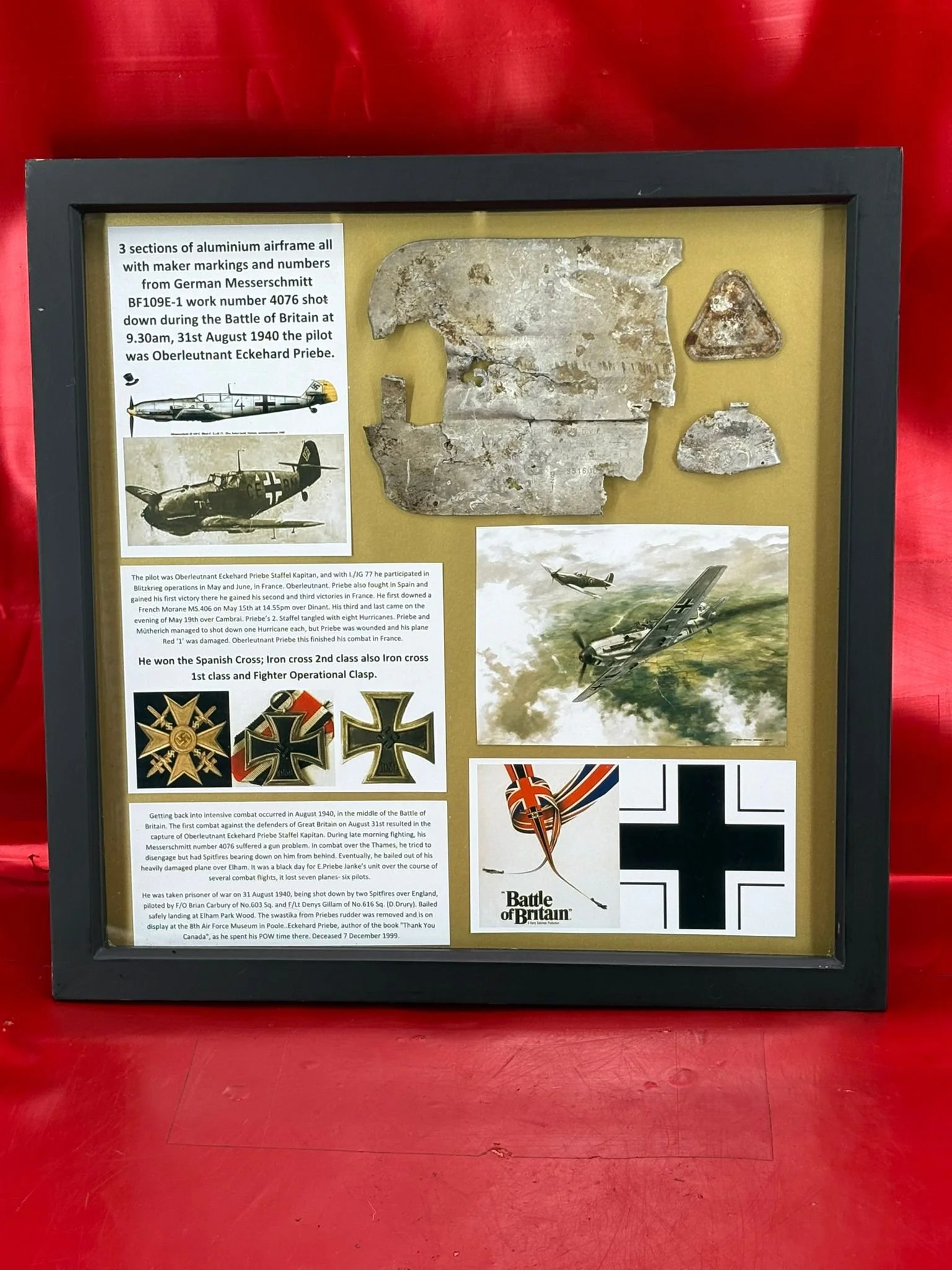 Large glass-framed airframe sections with part numbers from Messerschmitt BF109E-1 work number 4076 shot down on the 31st August 1940 and crashed at Elham during the Battle of Britain