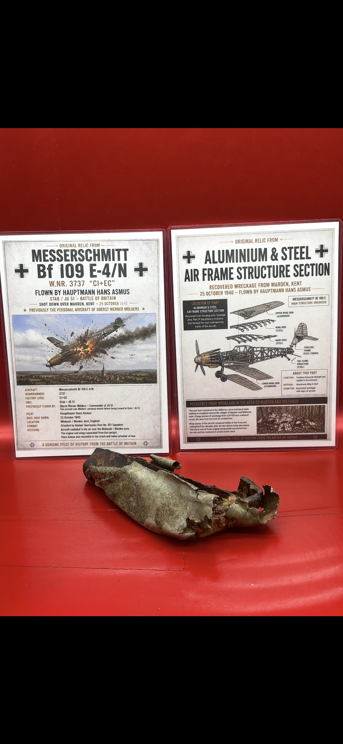 Aluminium/steel airframe structure from famous Messerschmitt 109 number 3737 originally flown by ace Werner Molders,flown day by Hauptmann Asmus shot down on 25 October 1940,crashed at Marden, Kent