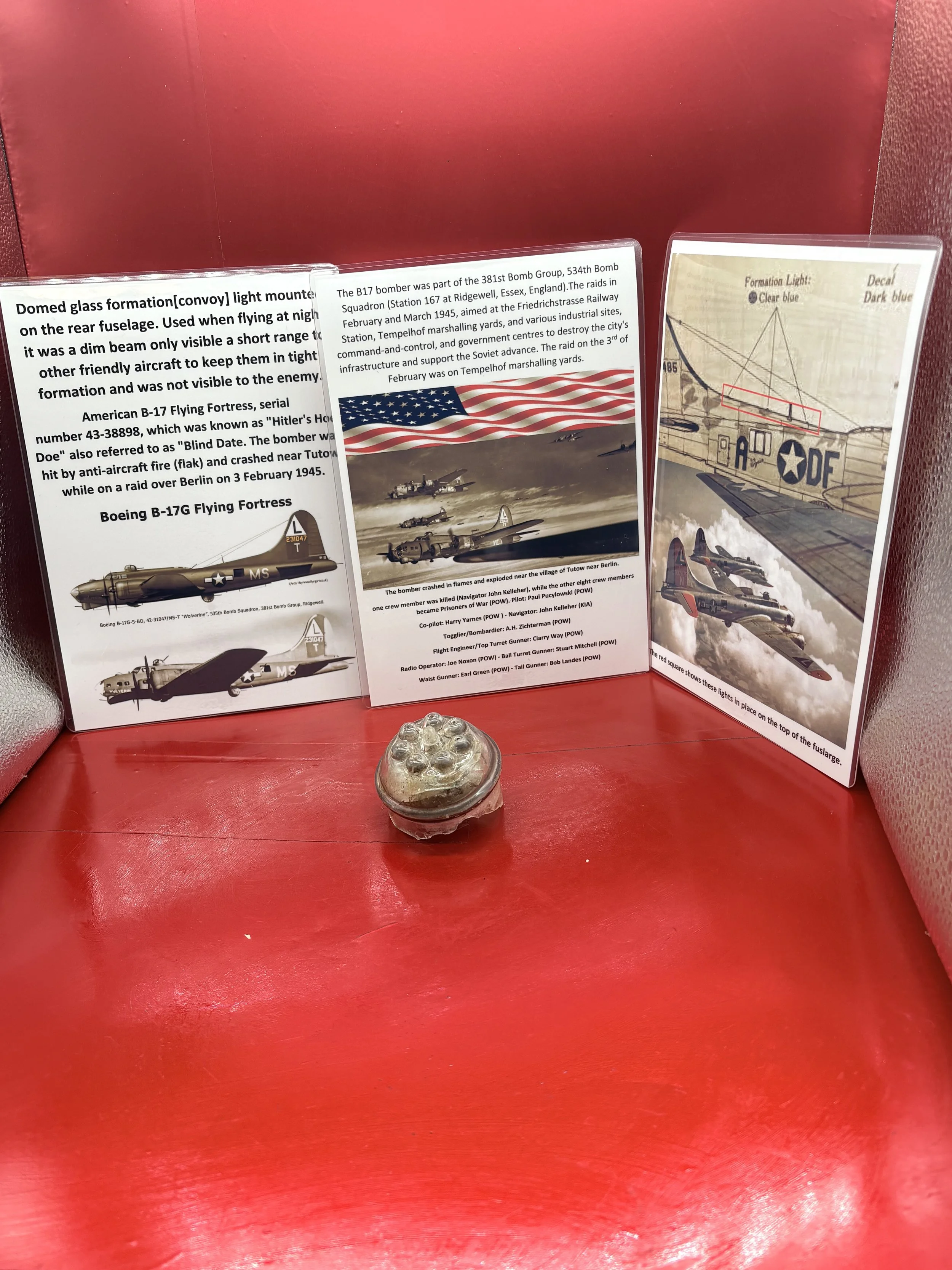 Rare domed glass formation[convoy] light mounted on the rear fuselage on American B-17 bomber number 43-38898 named Hitler's Hoe do, crashed at Tutow near Berlin 3 February 1945