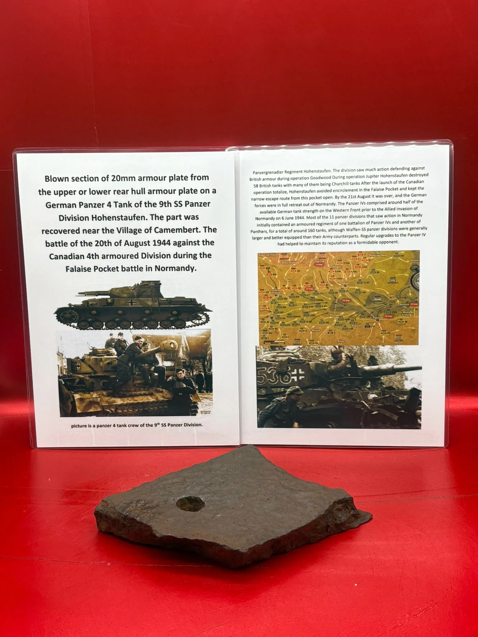 Blown section of 20mm armour plate from upper or lower rear armour on a German panzer 4 tank recovered near the Village of Camembert in Normandy 1944