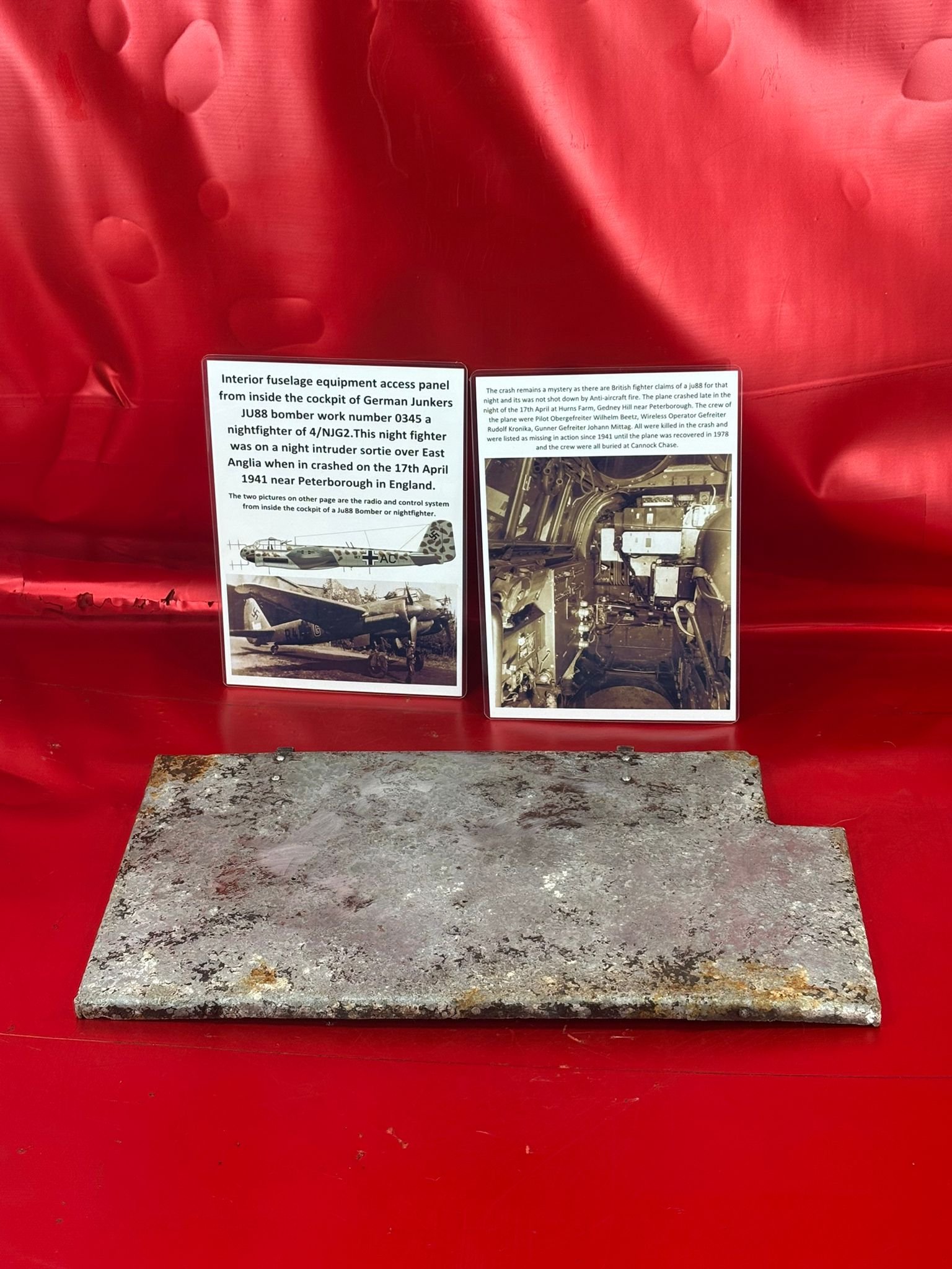 Interior fuselage equipment access panel from inside the cockpit of German Junkers JU88 bomber work number 0345 of 4/NJG2 on night intruder raid, 17th April 1941,crashed Peterborough