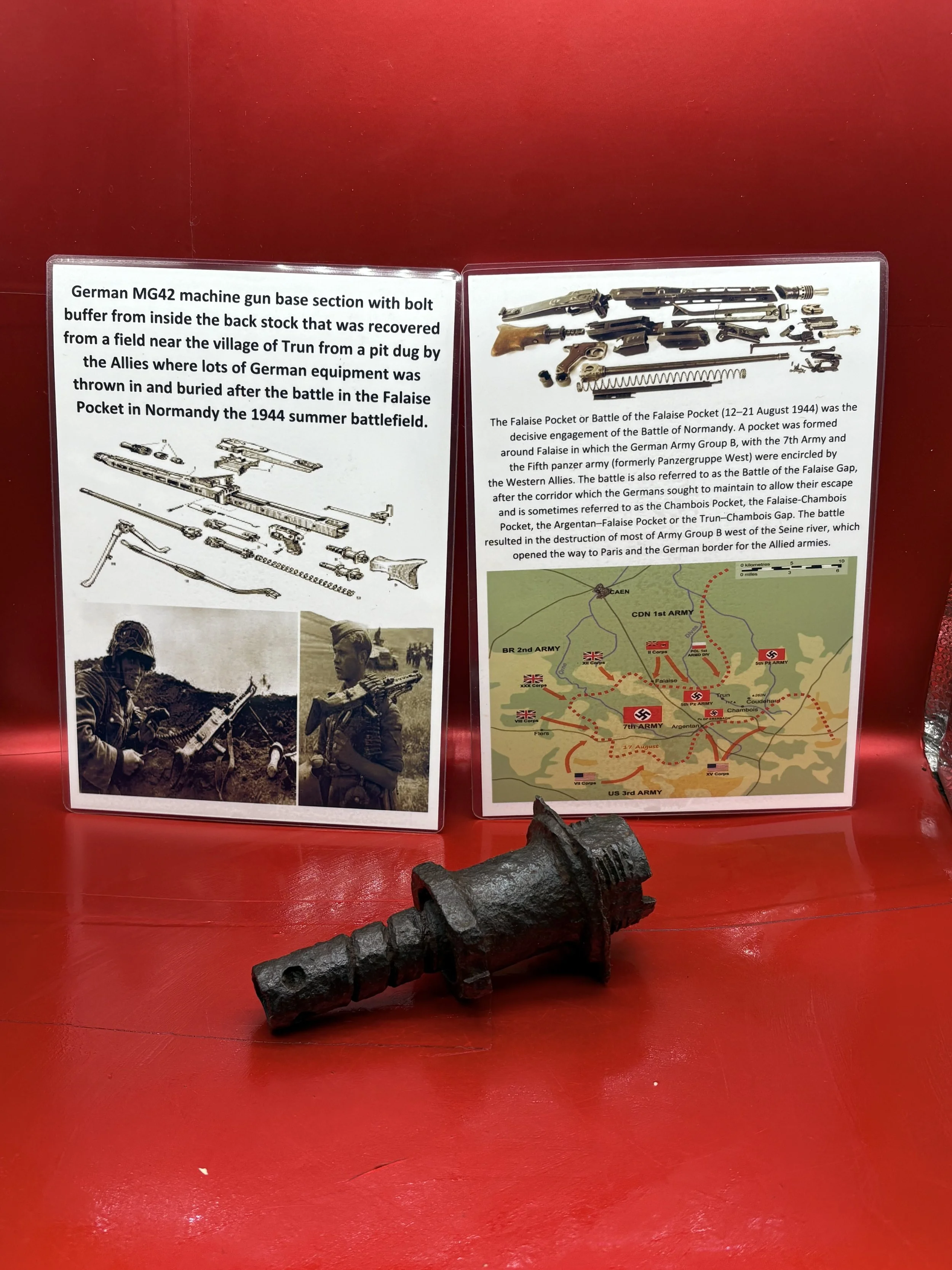 German MG 42 machine gun base section with bolt buffer from back stock, relic condition recovered from a field near Trun in the Falaise pocket in Normandy 1944 battlefield.