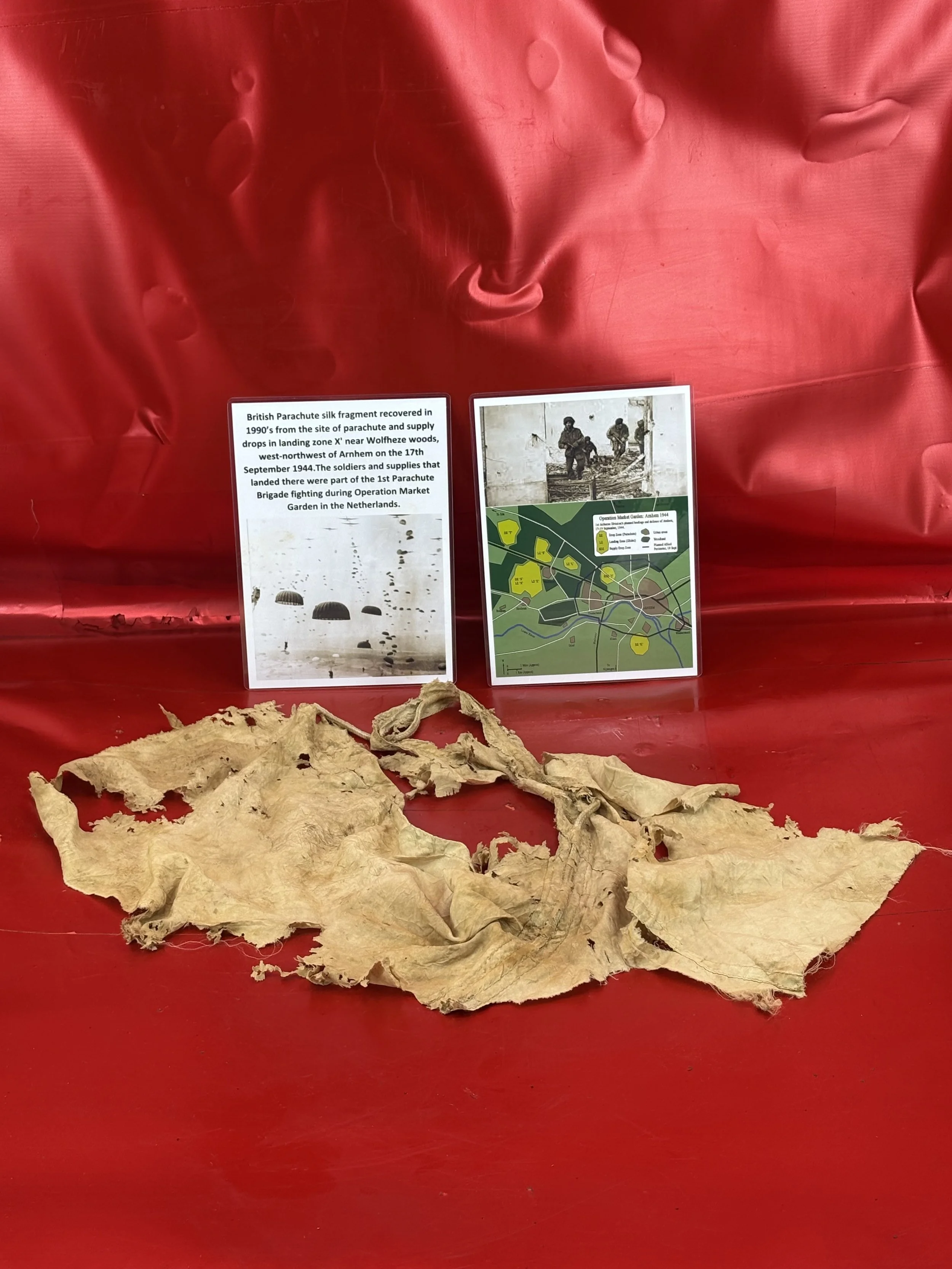 Large British Parachute silk large fragment recovered in 1990’s from the site of landing zone X' near Wolfheze woods in Arnhem from the 17th September 1944 drop zone