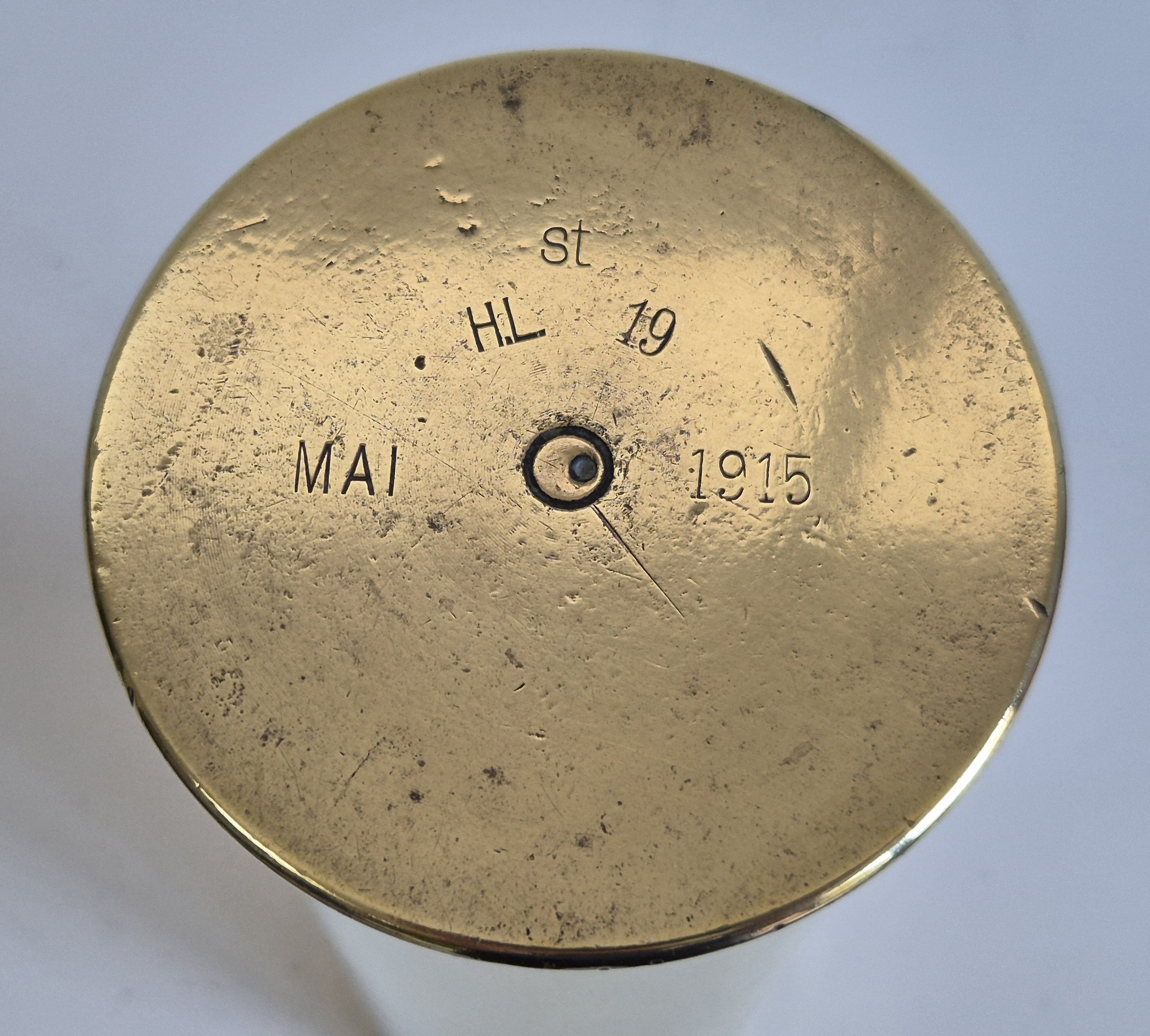 WW1 German brass case for the 7.7cm FK 96 n.A. light field gun made by H.L. -	Haniel Luege Düsseldorf dated 1915